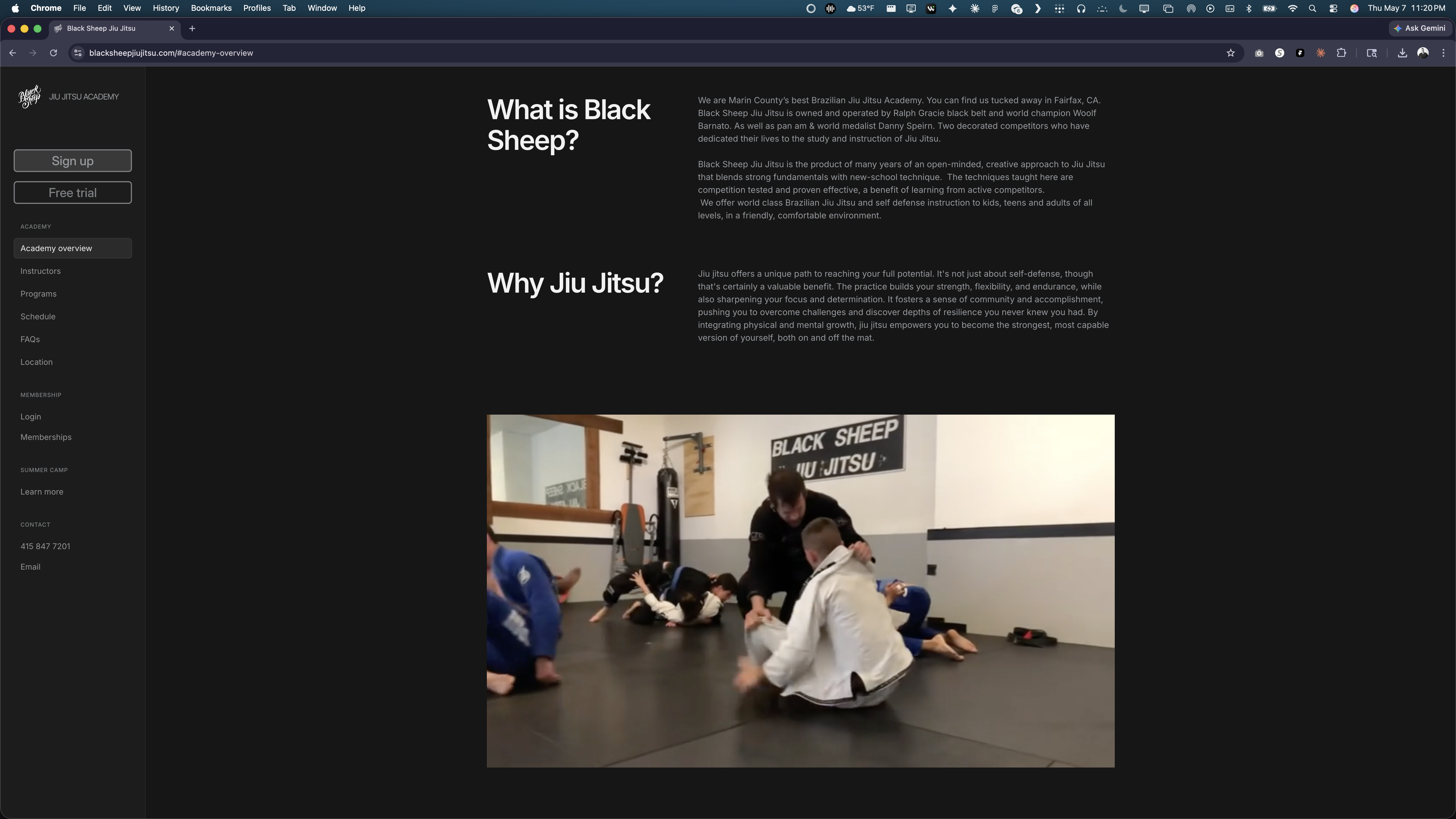 Black Sheep academy overview page — "What is Black Sheep?" and "Why Jiu Jitsu?" body copy alongside an on-mat photograph.