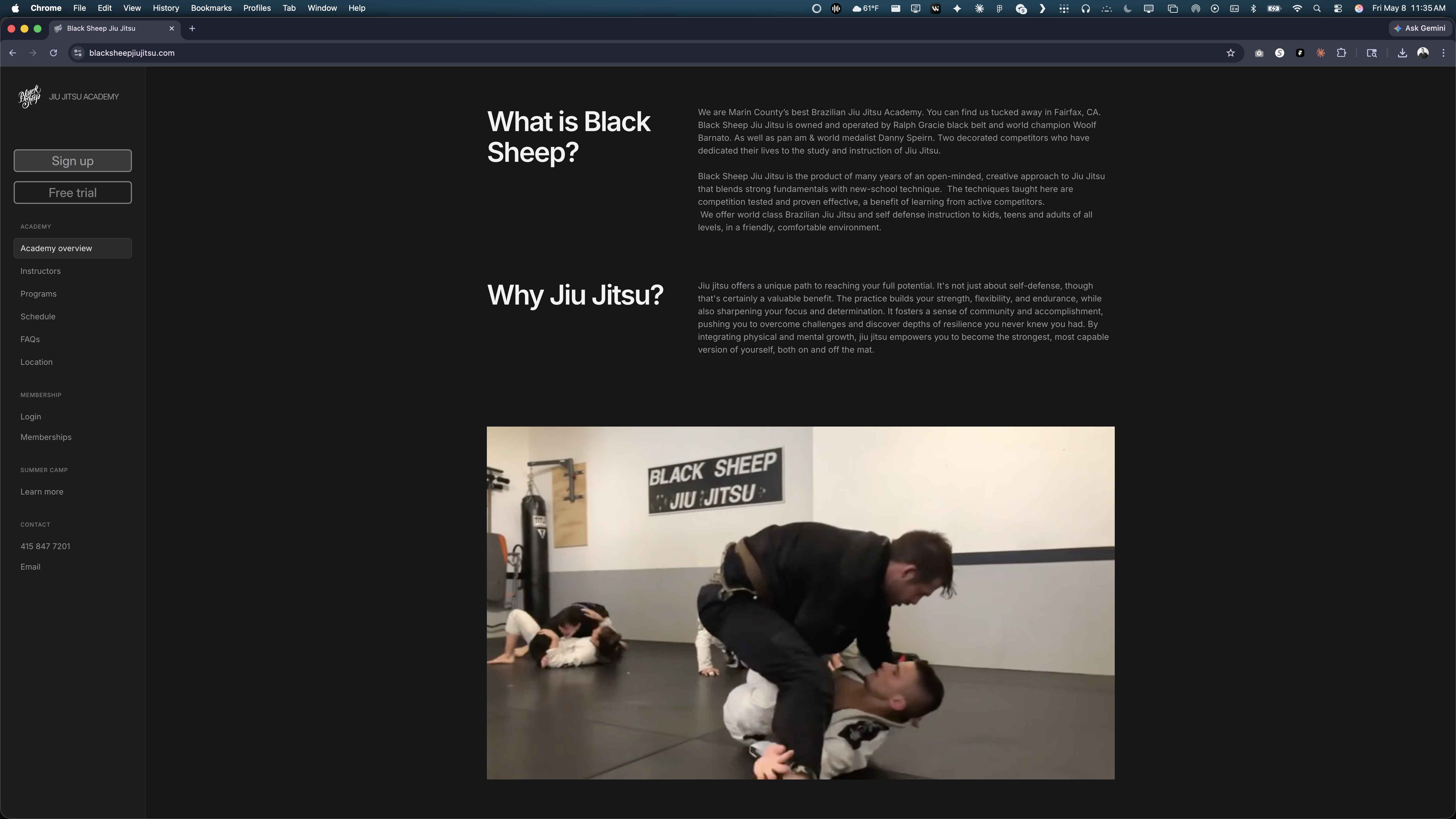 New Black Sheep Framer site — "What is Black Sheep?" / "Why Jiu Jitsu?" body copy alongside an on-mat photograph of a coach demonstrating a technique. Sidebar nav with Academy overview, Instructors, Programs, Schedule, FAQs, Location.
