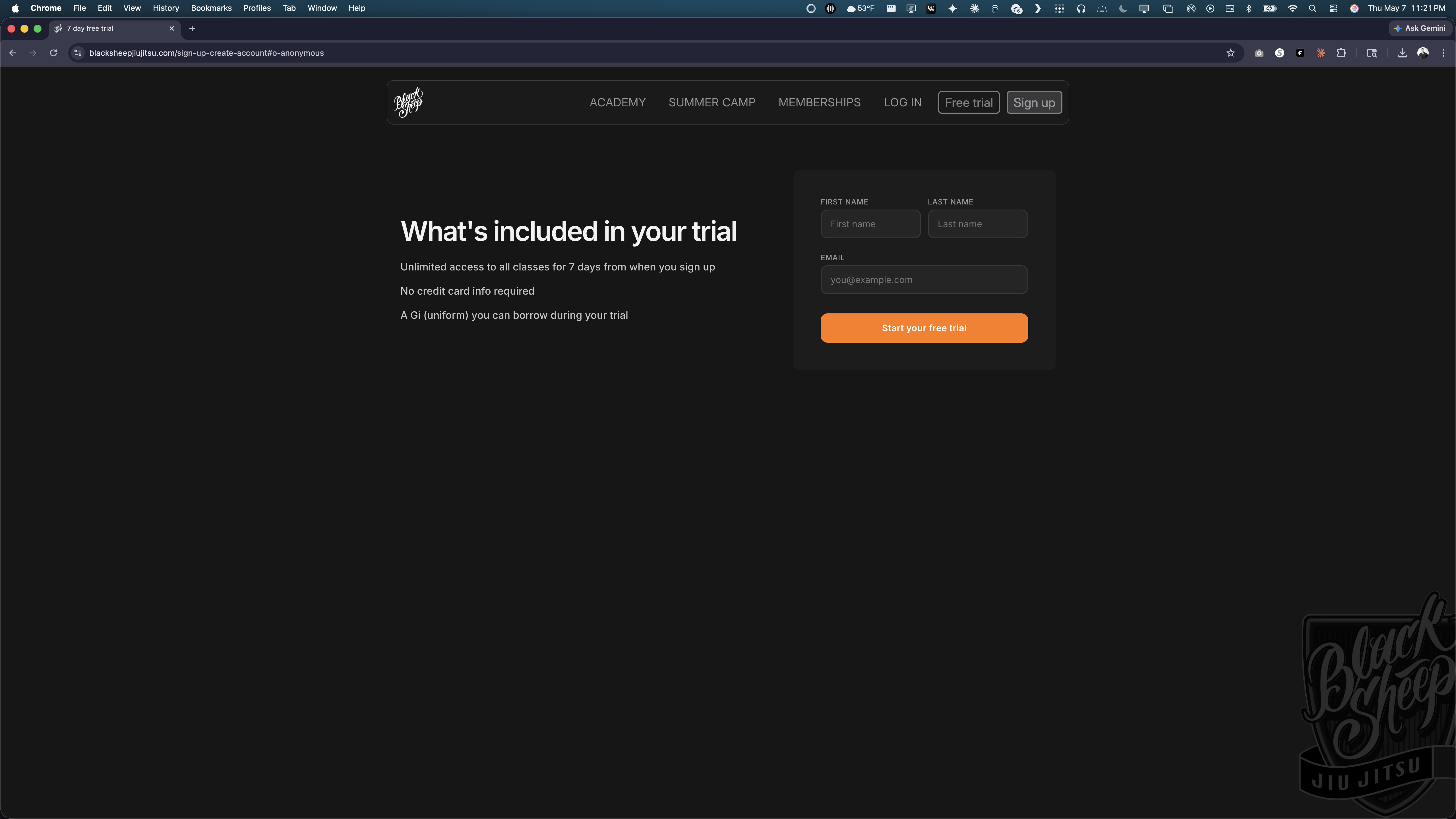 Black Sheep free trial sign-up — "What's included in your trial" with first name, last name, email, and a single primary CTA.