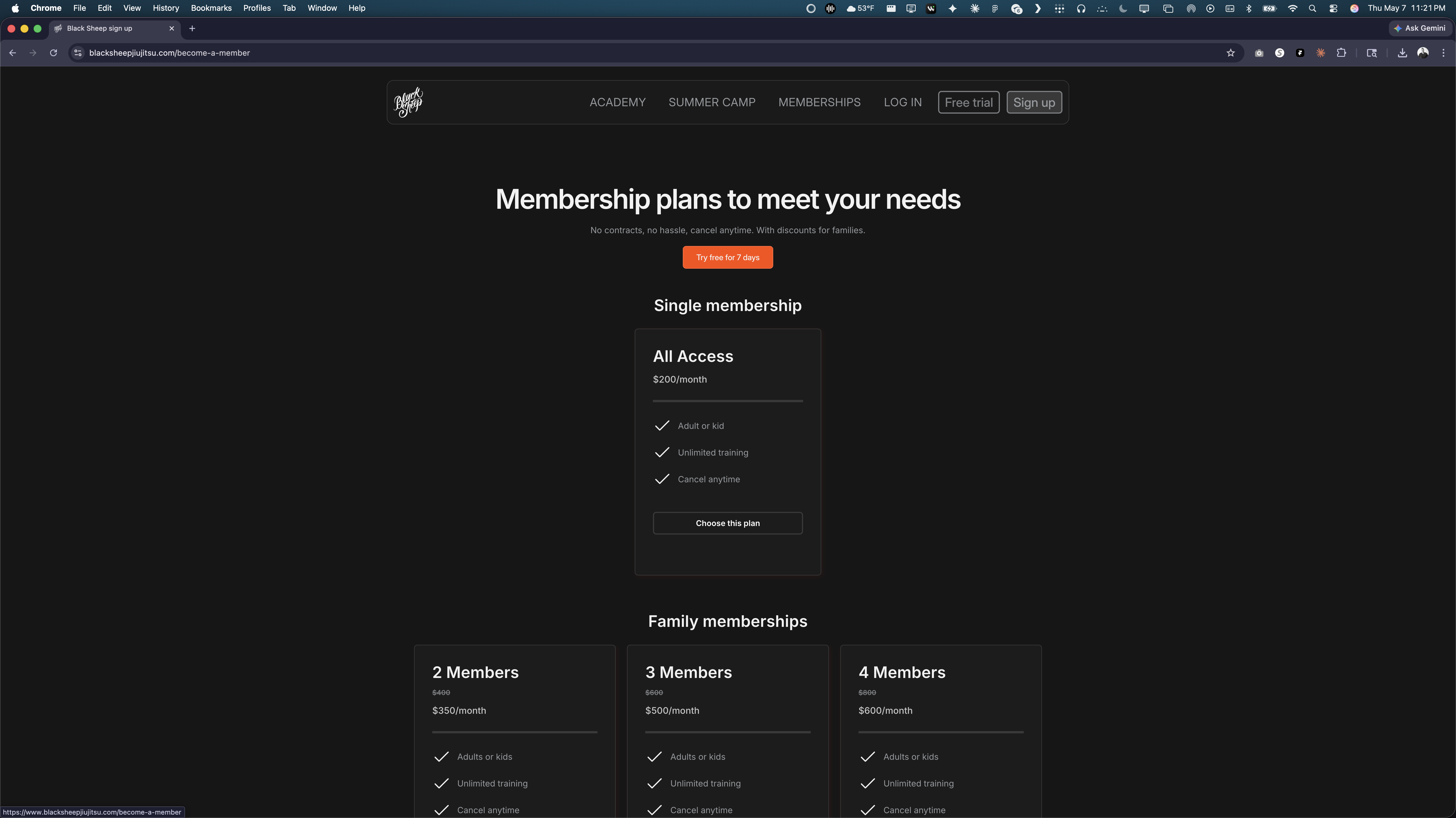 Black Sheep memberships page — All Access single membership plus 2/3/4-member family tiers.