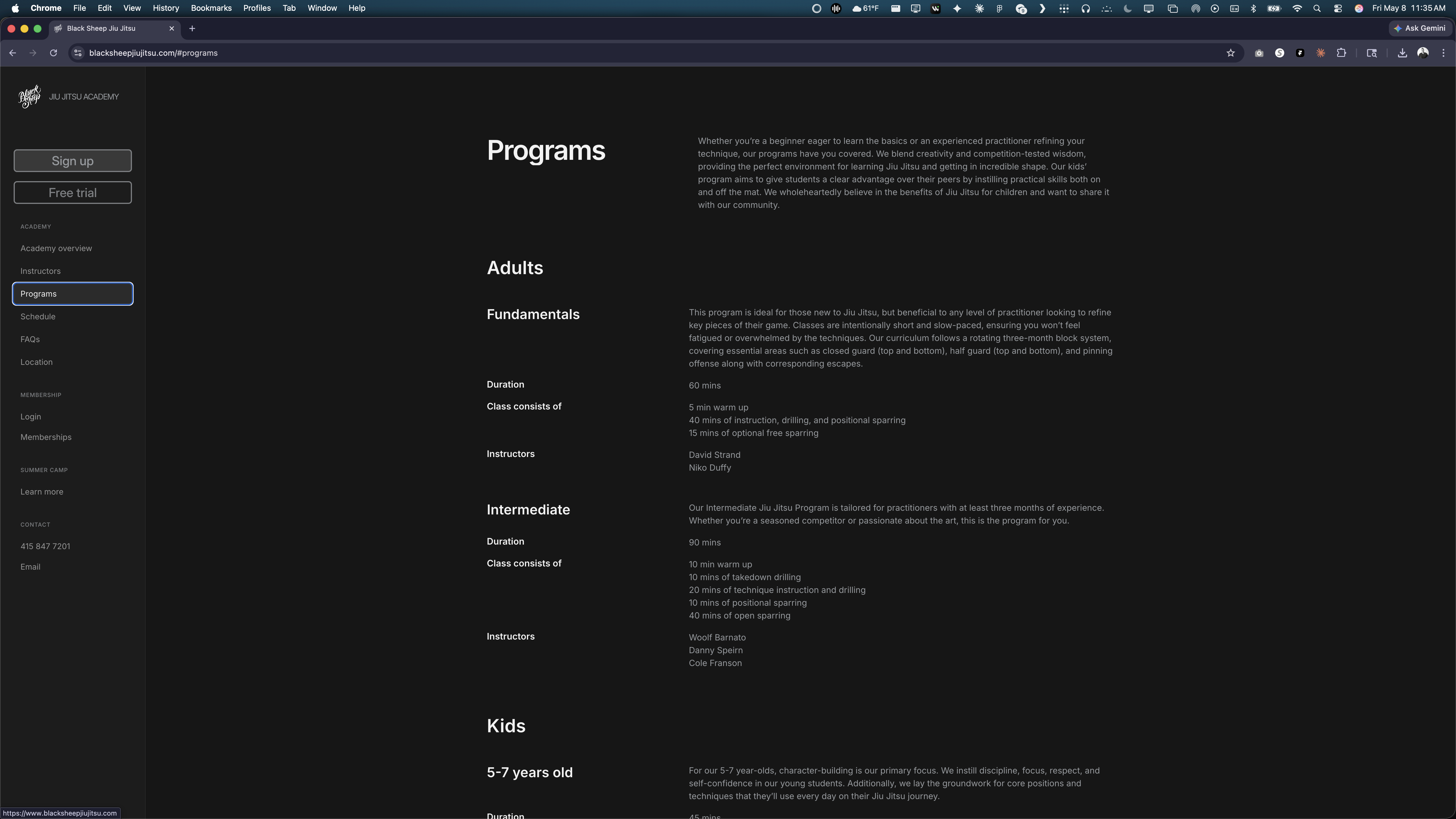 Black Sheep programs page — Adults section with Fundamentals, Intermediate, and Advanced curriculum detail (duration, class breakdown, instructors), and a Kids section with age-banded programs.