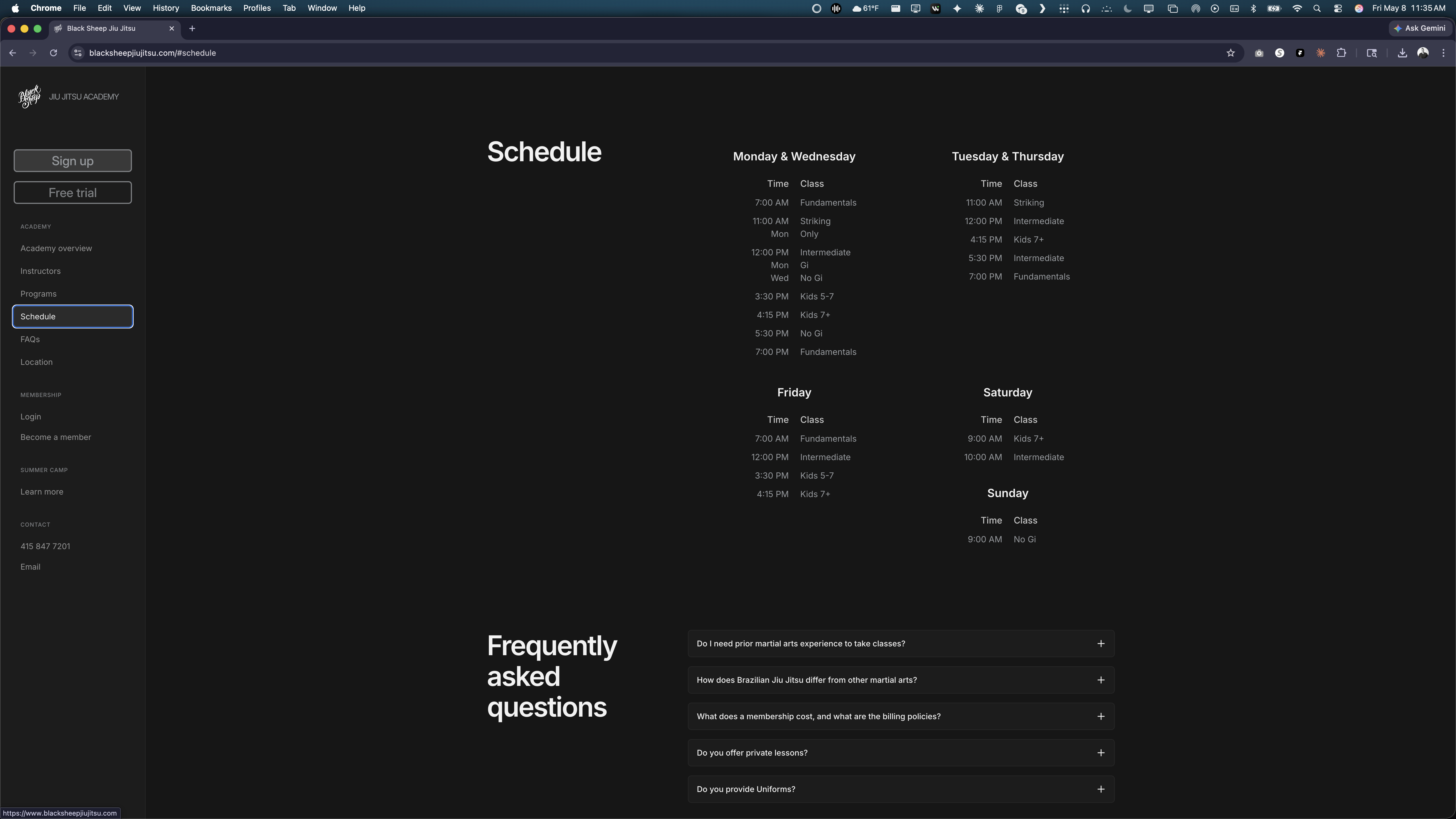 Black Sheep schedule page — weekly class grid for Monday/Wednesday, Tuesday/Thursday, Friday, and Saturday/Sunday with class times and types, plus a Frequently Asked Questions section.