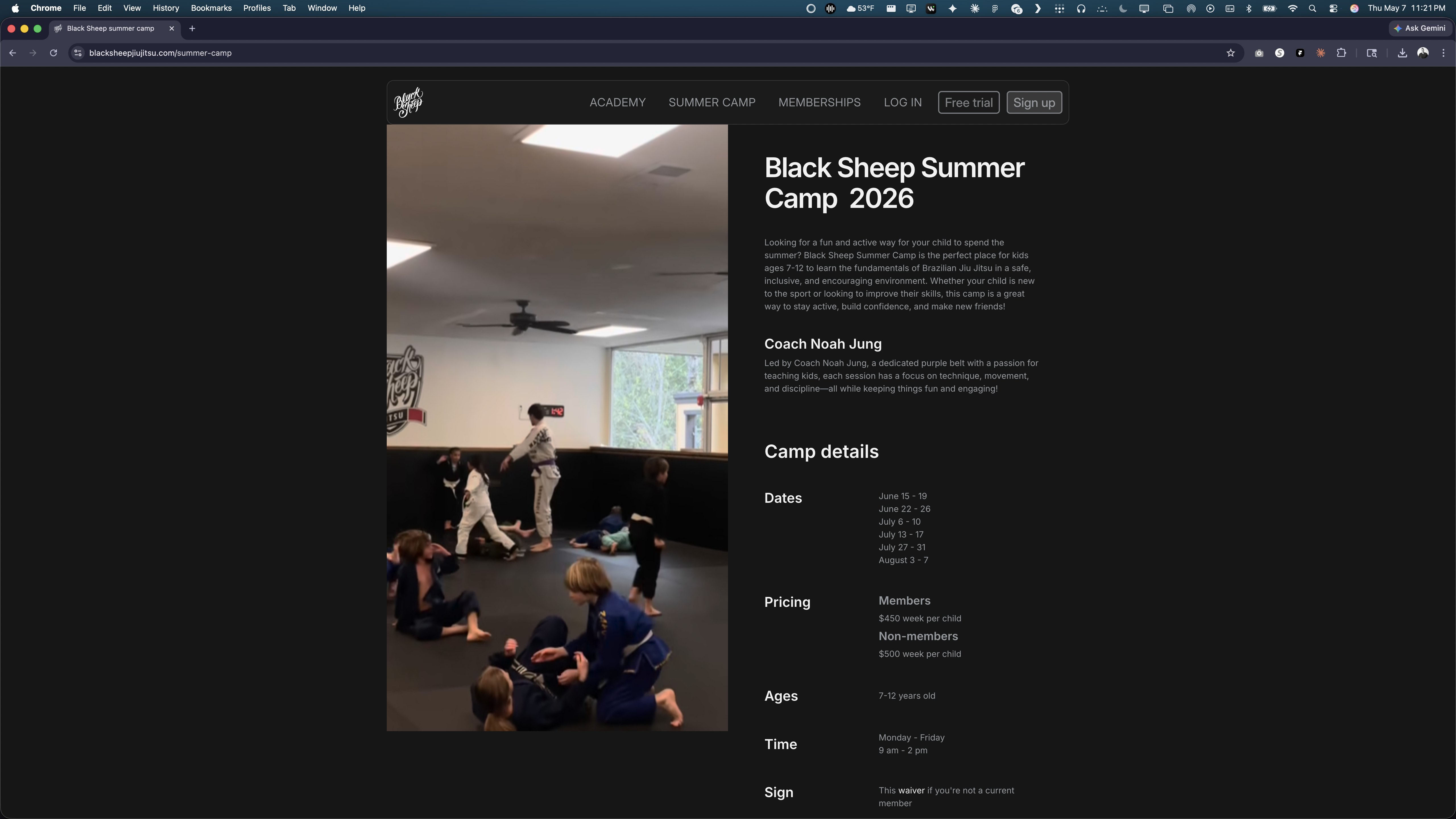 Black Sheep Summer Camp 2026 page — coach bio, camp details, dates, pricing, ages, and self-serve sign-up.