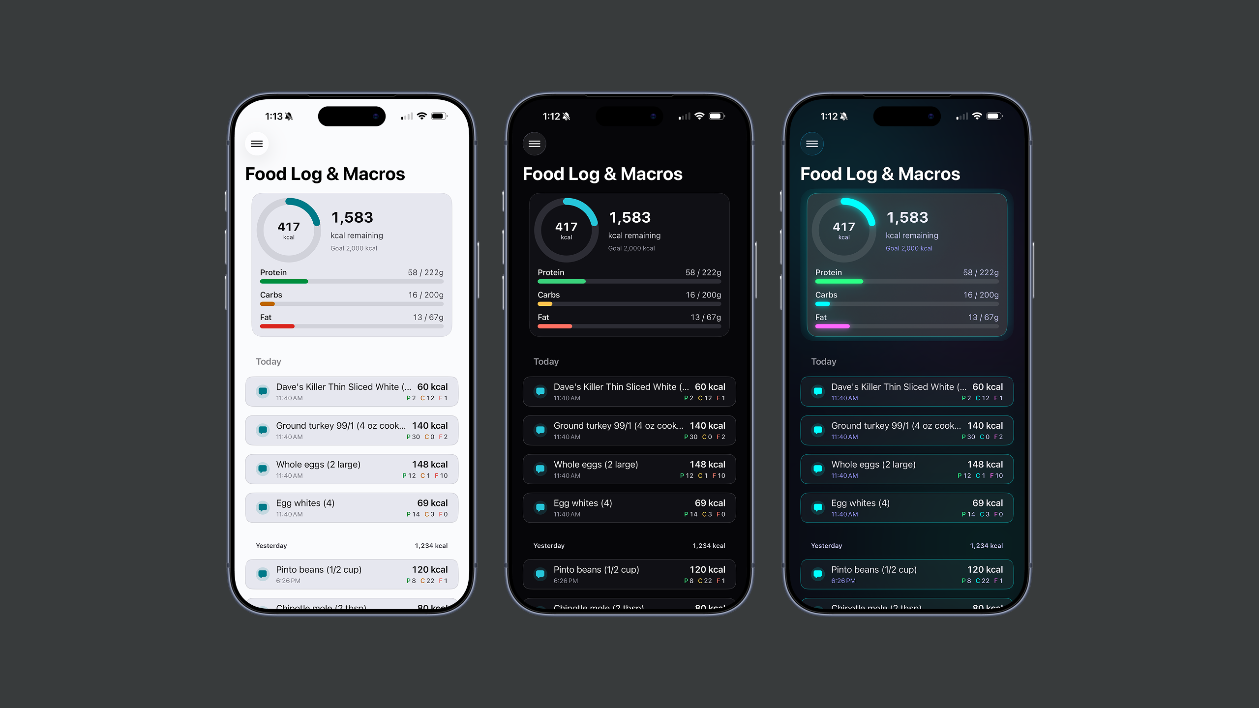 The HighLvl Food Log & Macros screen shown side by side in all three themes — Humble Minimalist (light), Pure Execution (dark), and Flashy (neon). Each shows the same day: a calorie ring with 1,583 kcal remaining against a 2,000 kcal goal, protein/carbs/fat bars, and a 'Today' list of logged foods (bread, ground turkey, whole eggs, egg whites) with per-item calories.