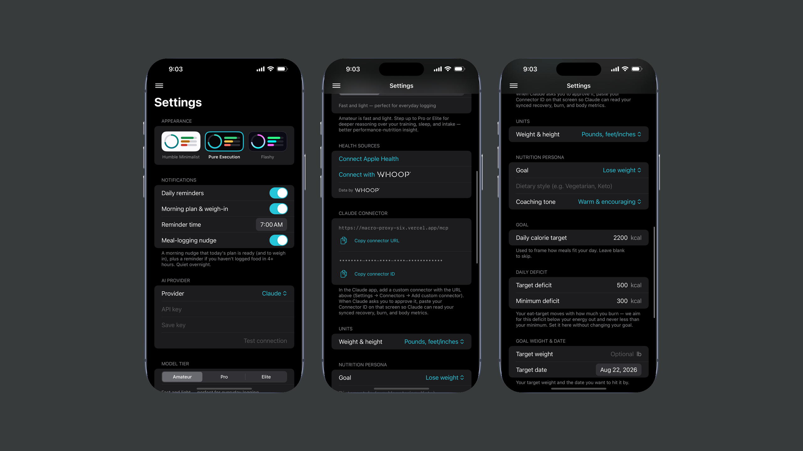 Three HighLvl settings screens on iPhone — Appearance themes with notification reminders and an AI provider picker; Health Sources connecting Apple Health and Whoop above a Claude Connector section showing the MCP connector URL and a masked connector ID; and a Nutrition Persona setting goal, coaching tone, daily calorie and deficit targets, and goal weight and date.