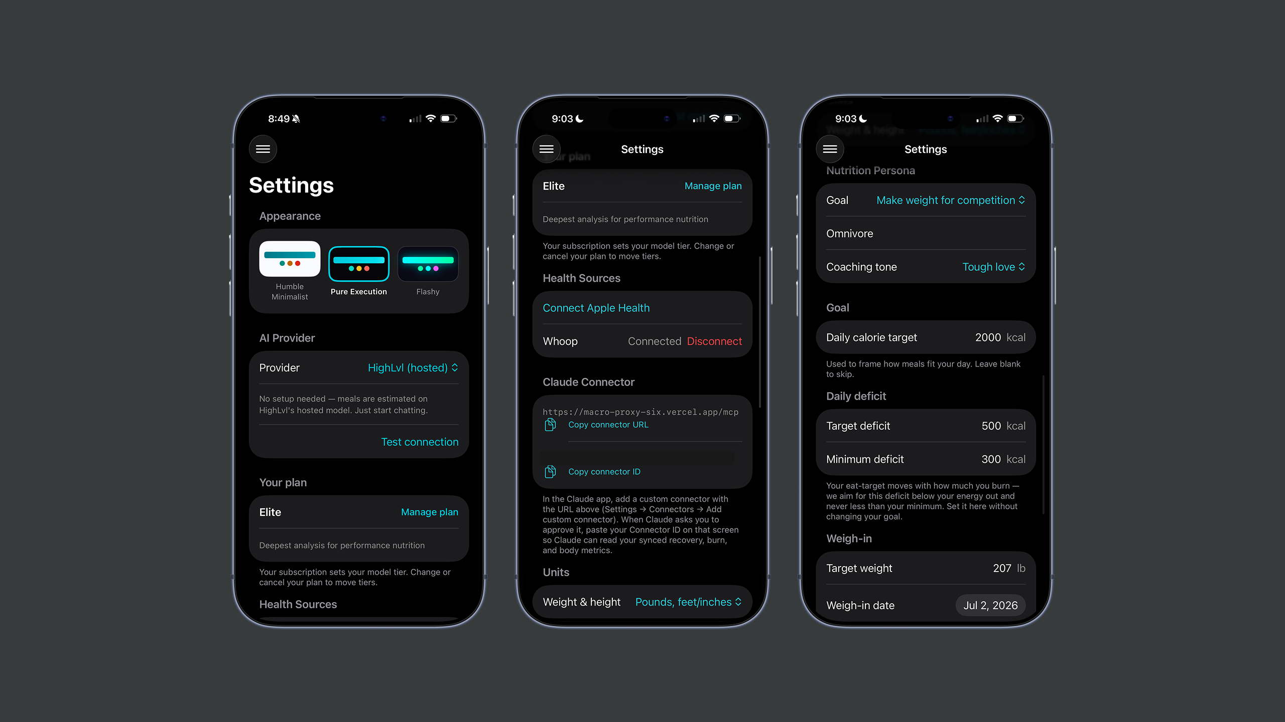 Three HighLvl settings screens on iPhone — Appearance themes and an AI provider toggle (HighLvl hosted or bring your own); a Claude Connector section with the MCP connector URL, plus Health Sources connecting Apple Health and Whoop with unit preferences; and a Nutrition Persona setting goal, coaching tone, daily calorie and deficit targets, and weigh-in date.