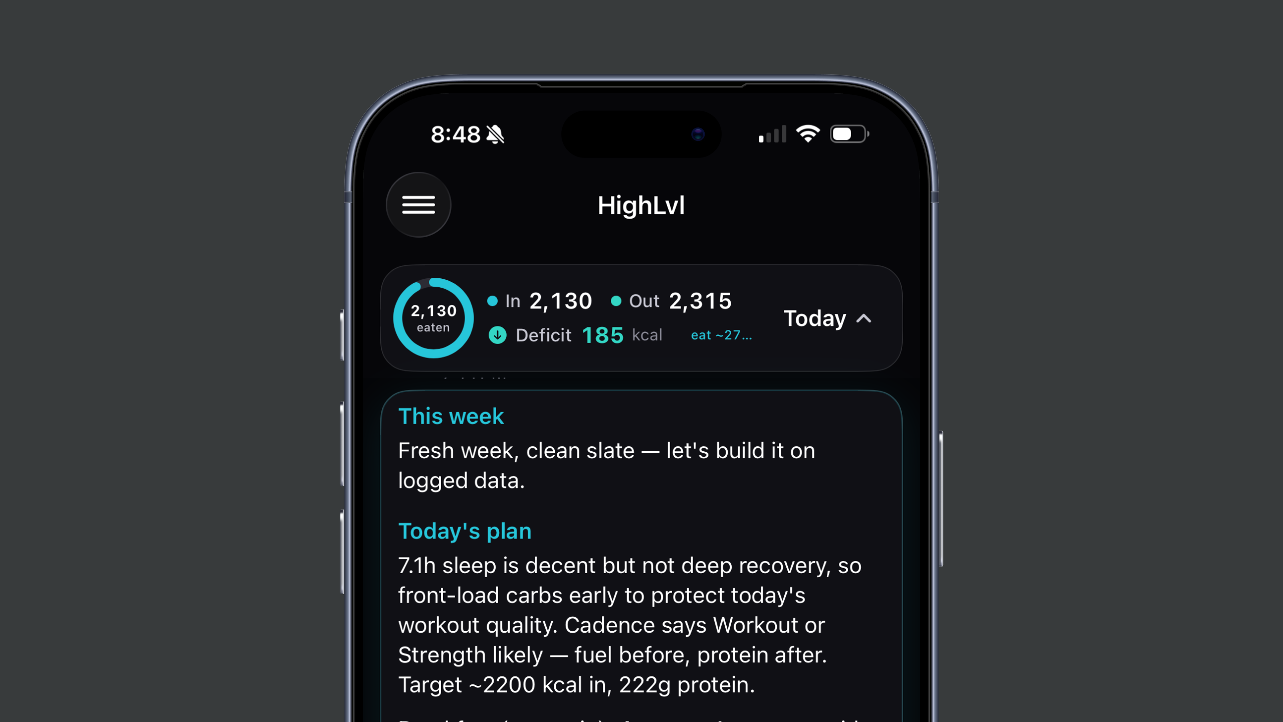 The HighLvl daily plan on iPhone — an In / Out / Deficit summary above a 'This week' note and a 'Today's plan' that reads the prior night's 7.1h sleep, front-loads carbs around the day's workout, and sets a ~2,200 kcal target at 222g protein.