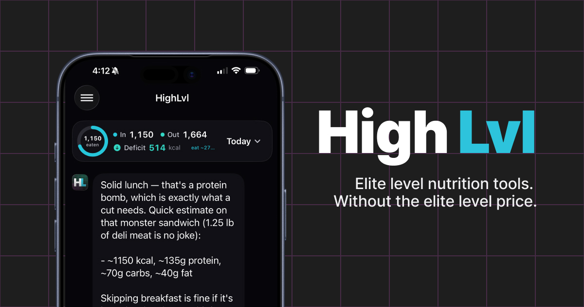 HighLvl marketing lockup — an iPhone showing the app's coach view beside the 'High Lvl' wordmark and the line 'Elite level nutrition tools. Without the elite level price,' on a near-black brand grid.