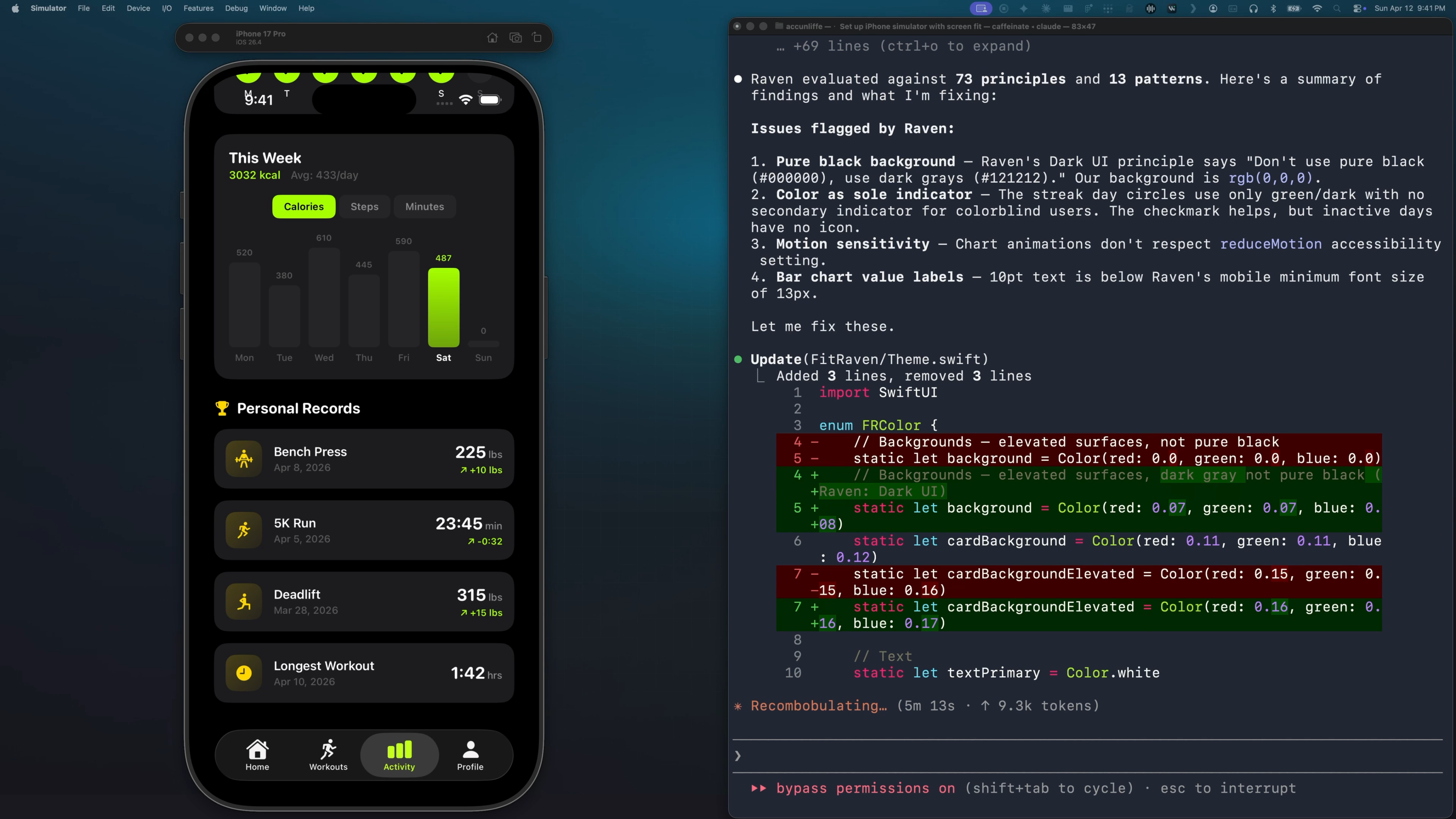 Same iPhone fitness stats screen with a terminal showing the code diff applying the four Raven-flagged fixes.