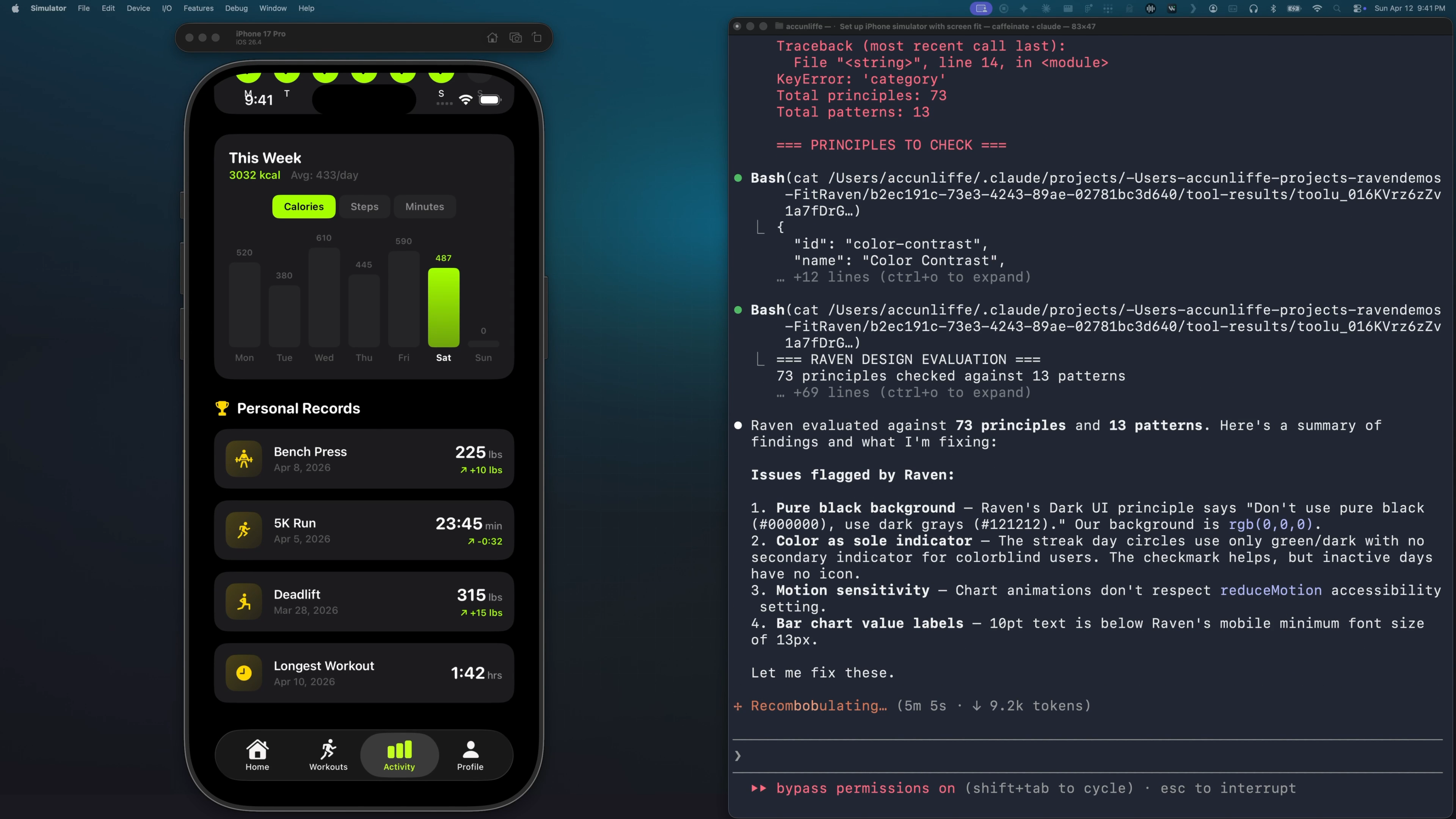 Side-by-side iPhone fitness app stats screen and a terminal showing RAVEN DESIGN EVALUATION listing four flagged issues to fix.