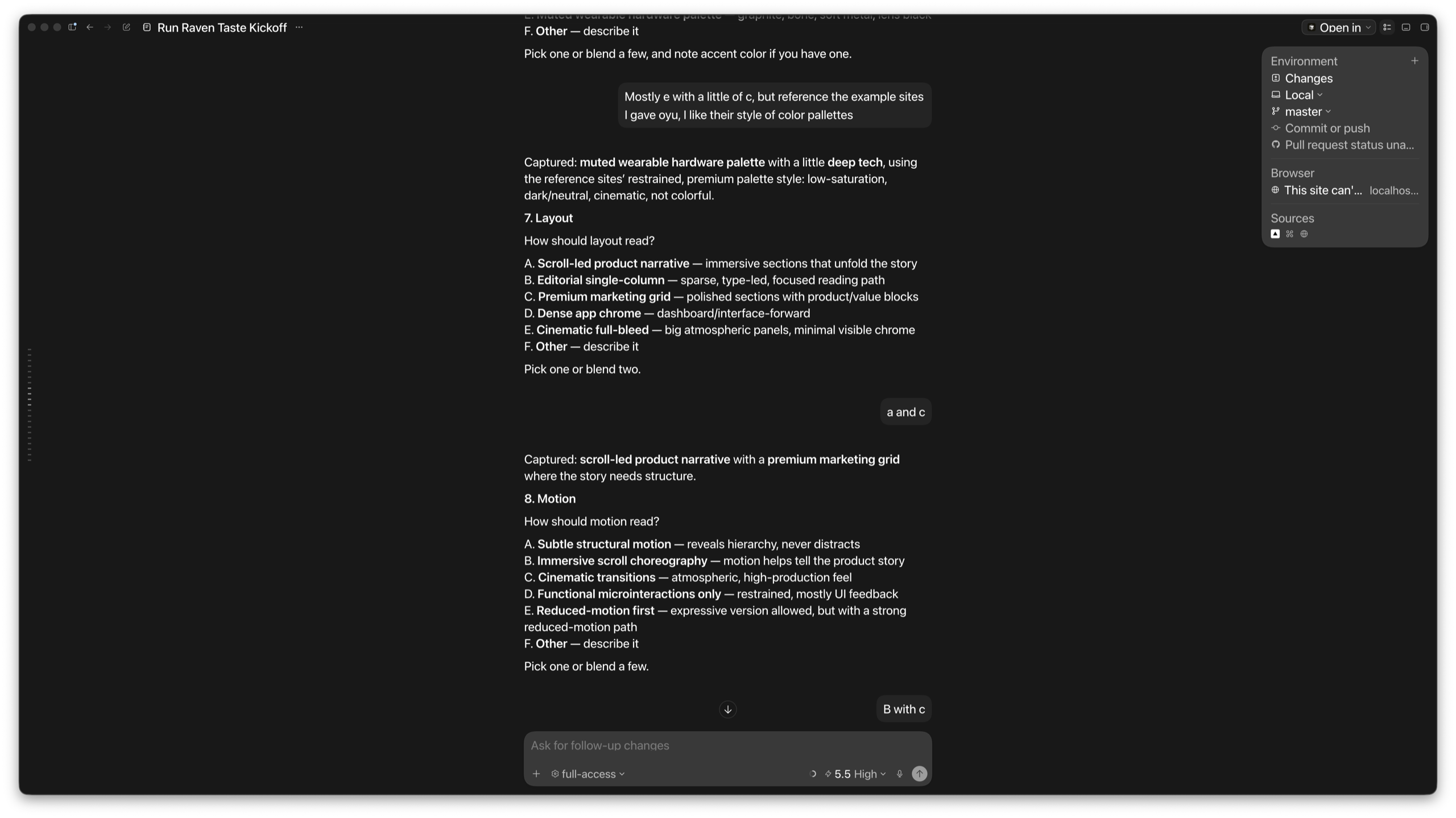 A Codex coding-agent session running Raven's taste-interview tool: multiple-choice Layout and Motion questions with the designer's answers captured inline — the MCP being used inside an agent, not read as documentation.