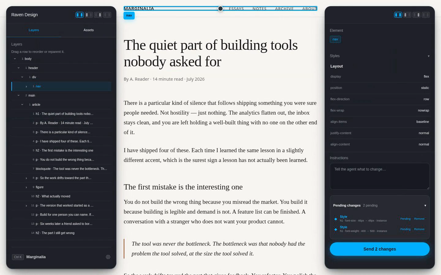 Raven Design open over a live article page: a Layers panel listing the page's element tree on the left, and a styles panel on the right showing the selected nav's computed layout values with two pending changes queued to send.