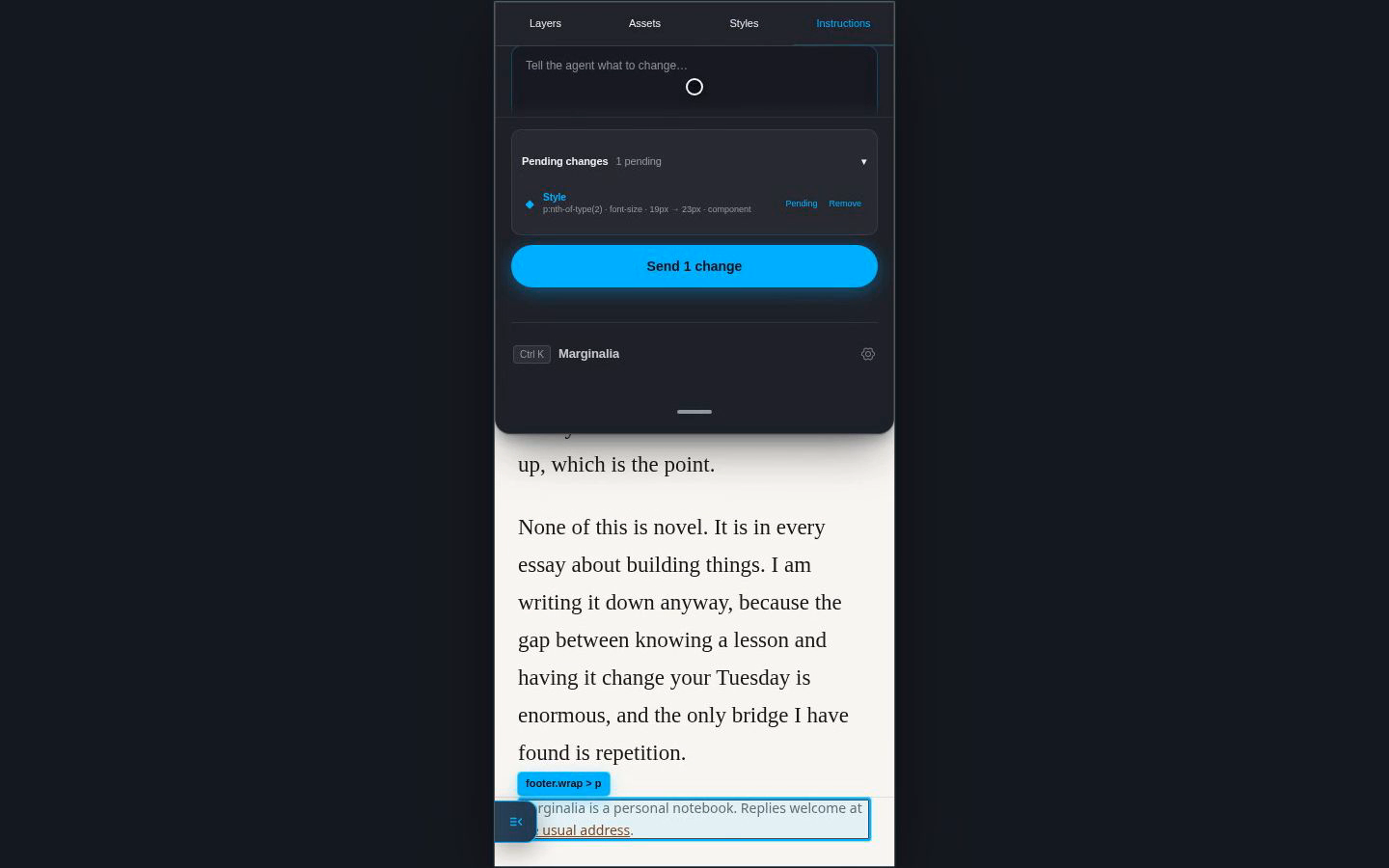 Raven Design at phone width: the layers and styles panels folded into a single bottom sheet with Layers, Assets, Styles, and Instructions tabs, one pending change, and a Send button, above the live page.