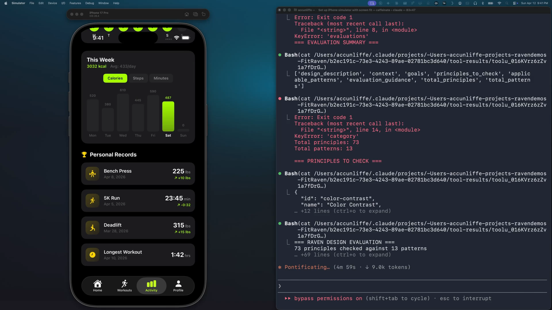 The fitness app's Activity rings in the iOS Simulator beside a terminal streaming a Raven audit session.
