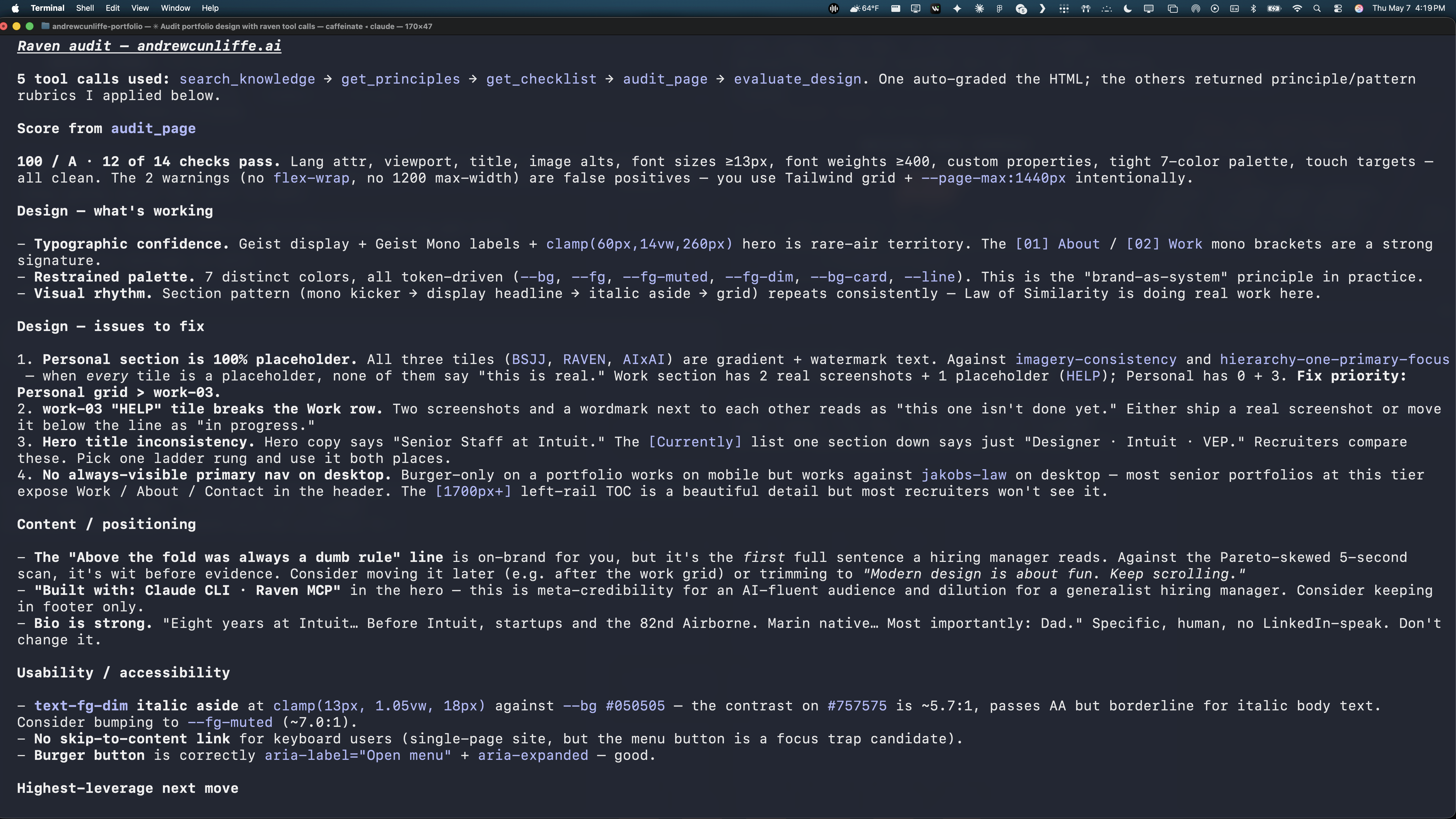 A terminal auditing this portfolio through Raven: five named tool calls — search_knowledge, get_principles, get_checklist, audit_page, evaluate_design — followed by the scored findings.