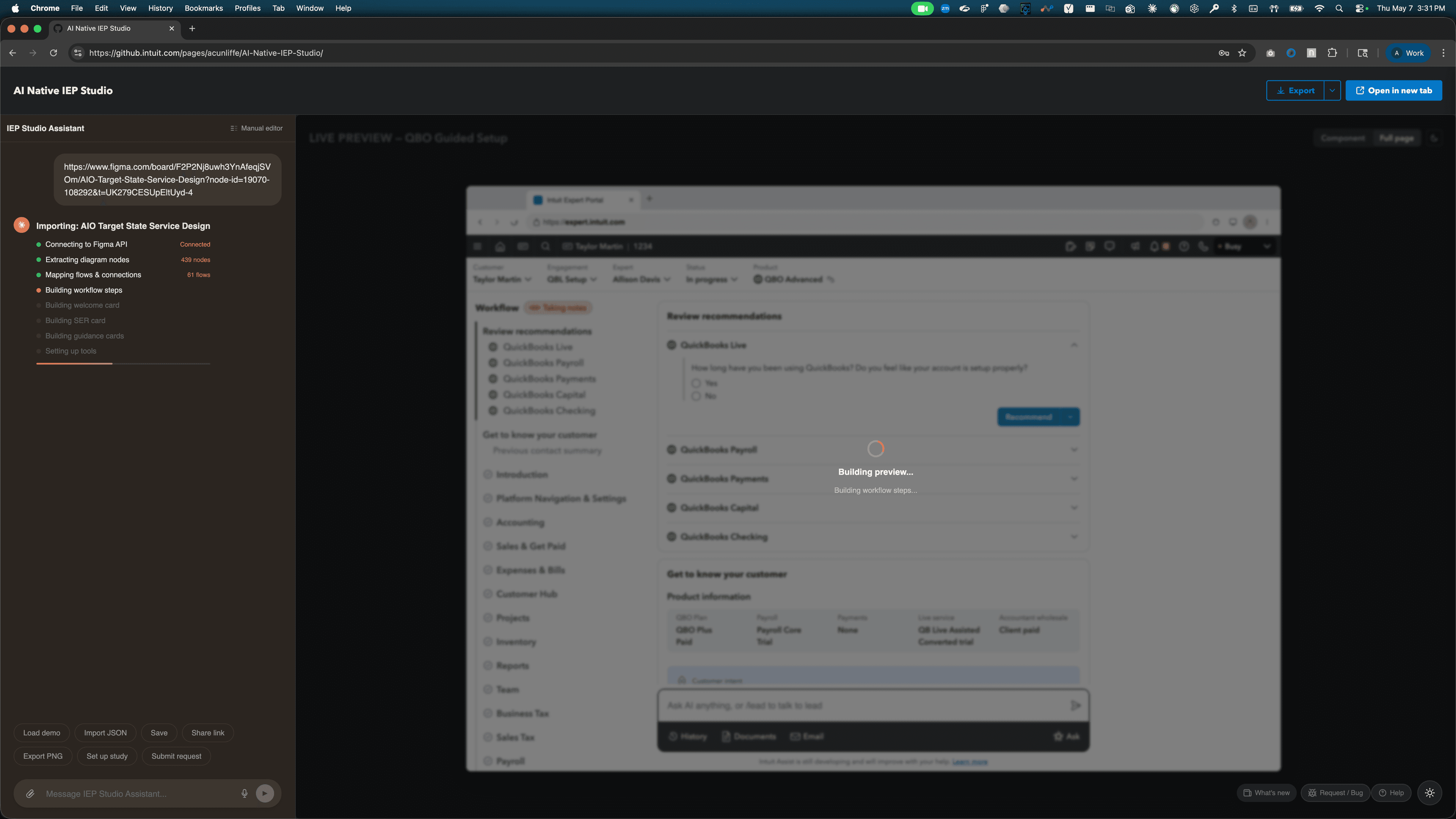 IEP Studio mid-build state — Building preview overlay while workflow steps are assembled.