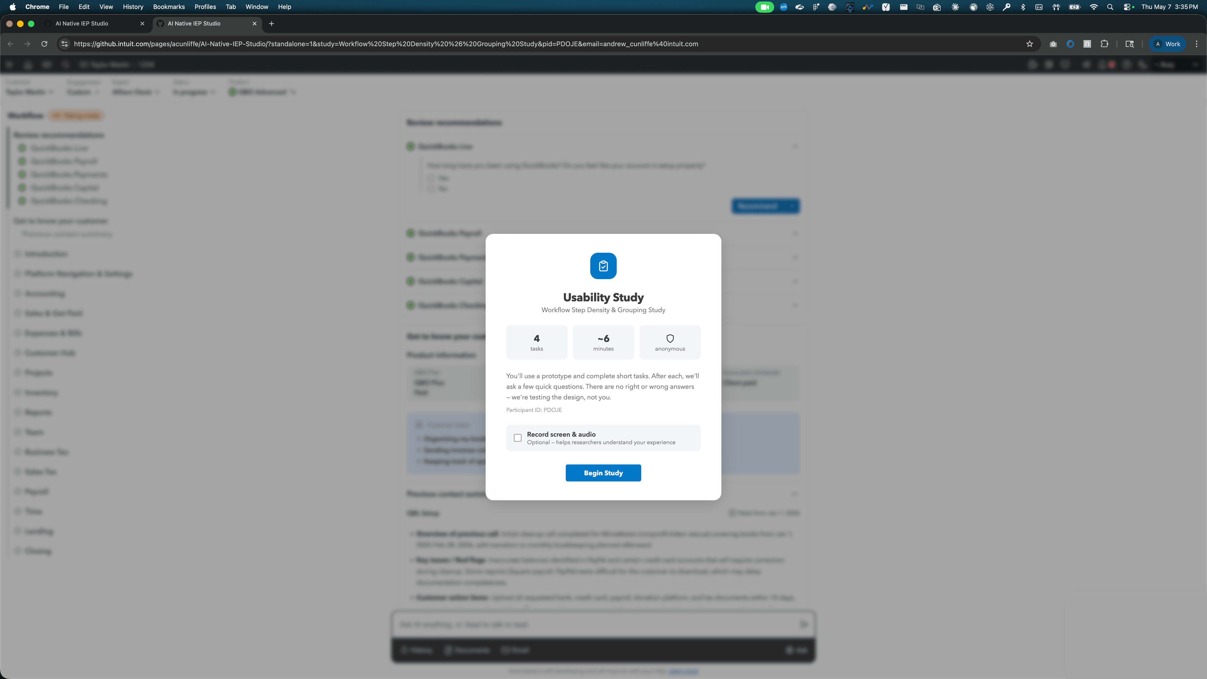 Usability Study modal inside IEP Studio — Workflow Step Density & Grouping Study with 4 tasks, ~6 minutes, anonymous; participant about to Begin Study.