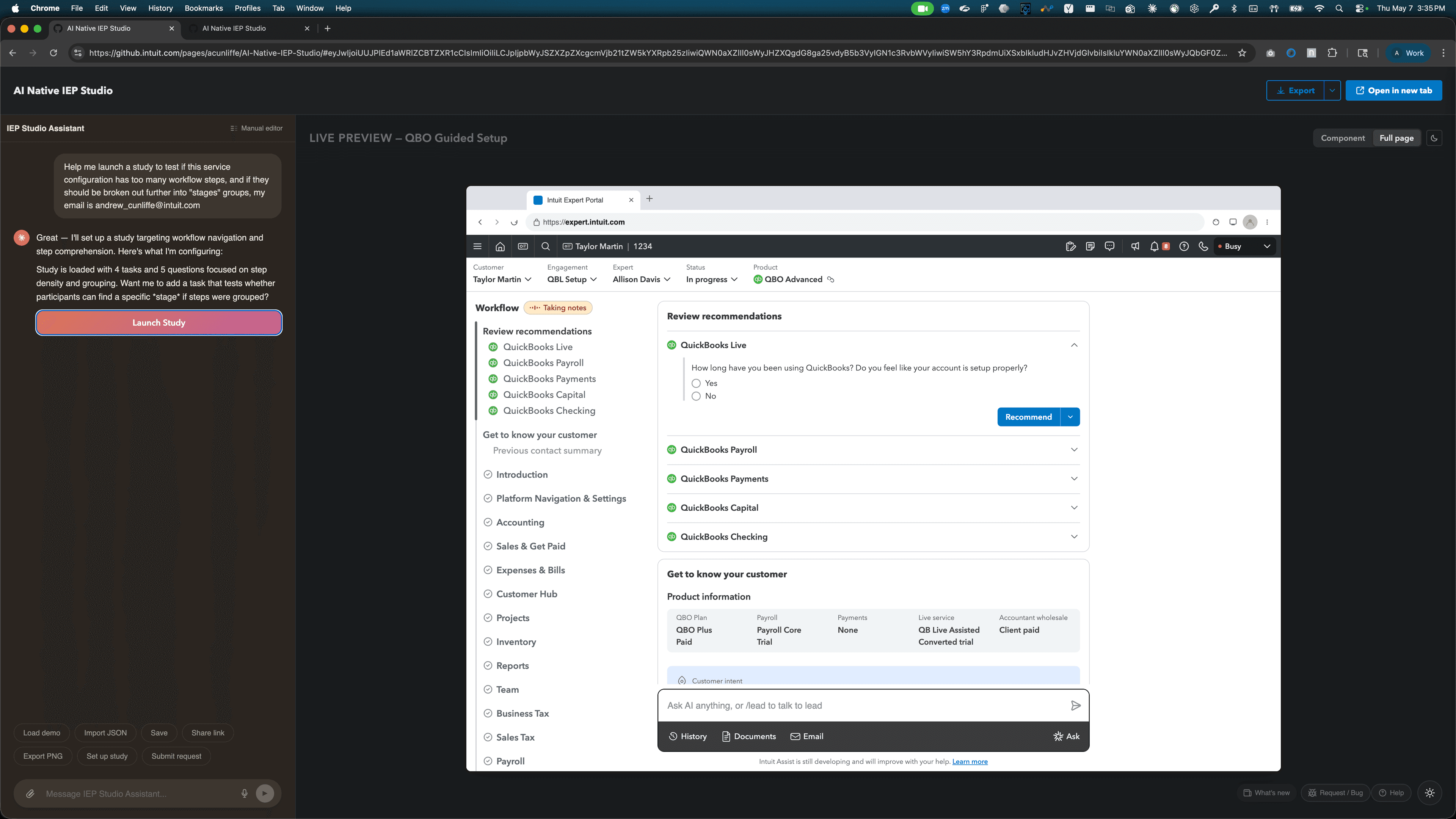 IEP Studio chat — "Help me launch a study to test if this service configuration has too many workflow steps" with a Launch Study button next to a live QBO Guided Setup preview.