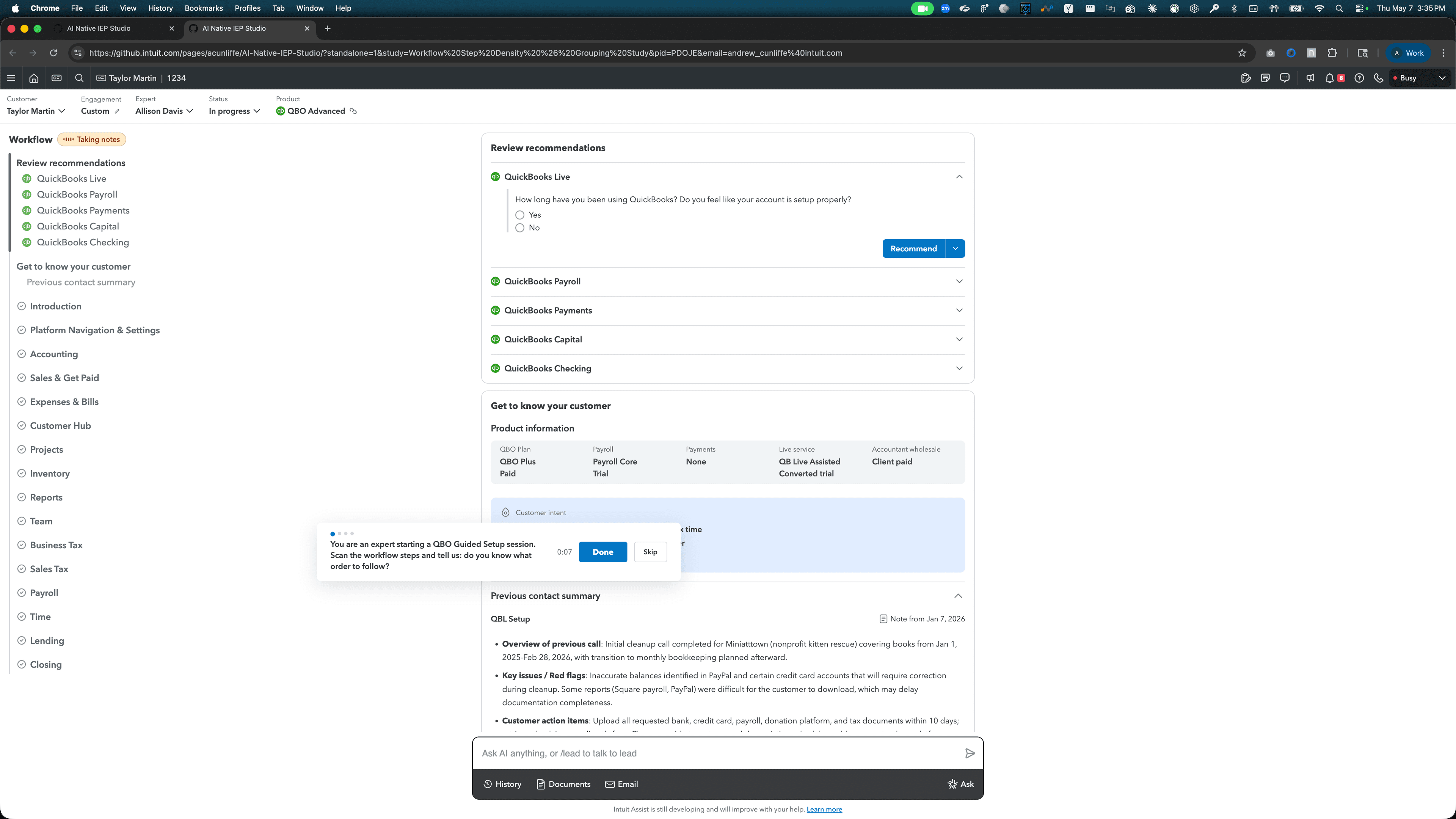 IEP Studio mid-study — a participant question "You are an expert starting a QBO Guided Setup session. Scan the workflow steps and tell us: do you know what order to follow?" with a 0:51 timer and Done/Skip buttons.