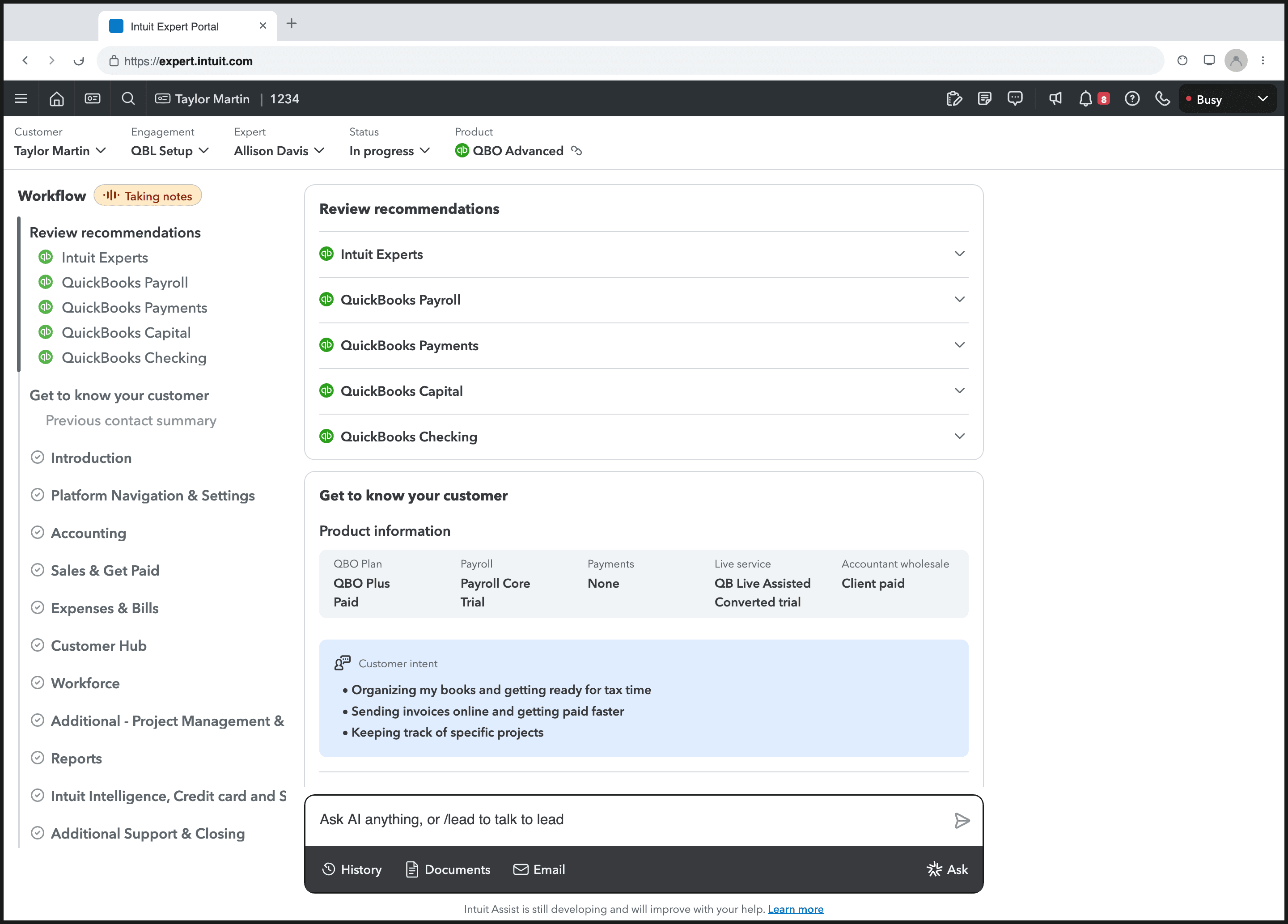 QBL Setup workflow — review recommendations and Get to know your customer panels in the IEP expert portal.