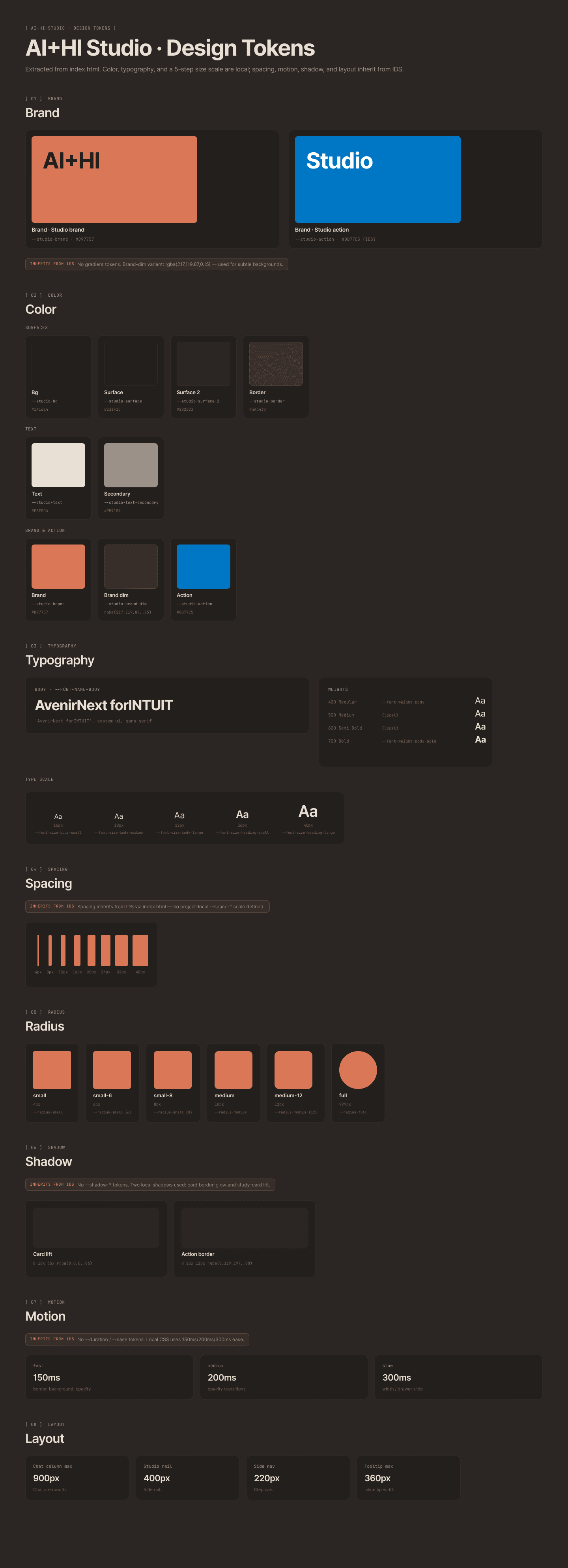 AI+HI Studio design token sheet — color palette, typography, spacing, and surface tokens.