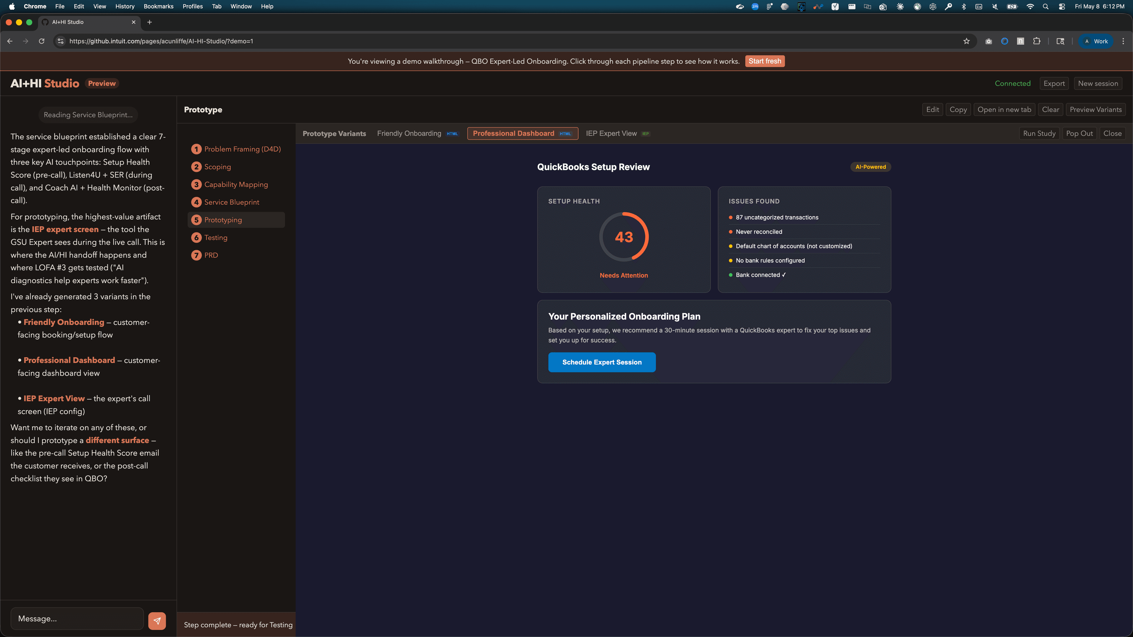 AI+HI Studio Prototyping step showing a rendered QuickBooks Owner Side AI Confidence and Delight variant.