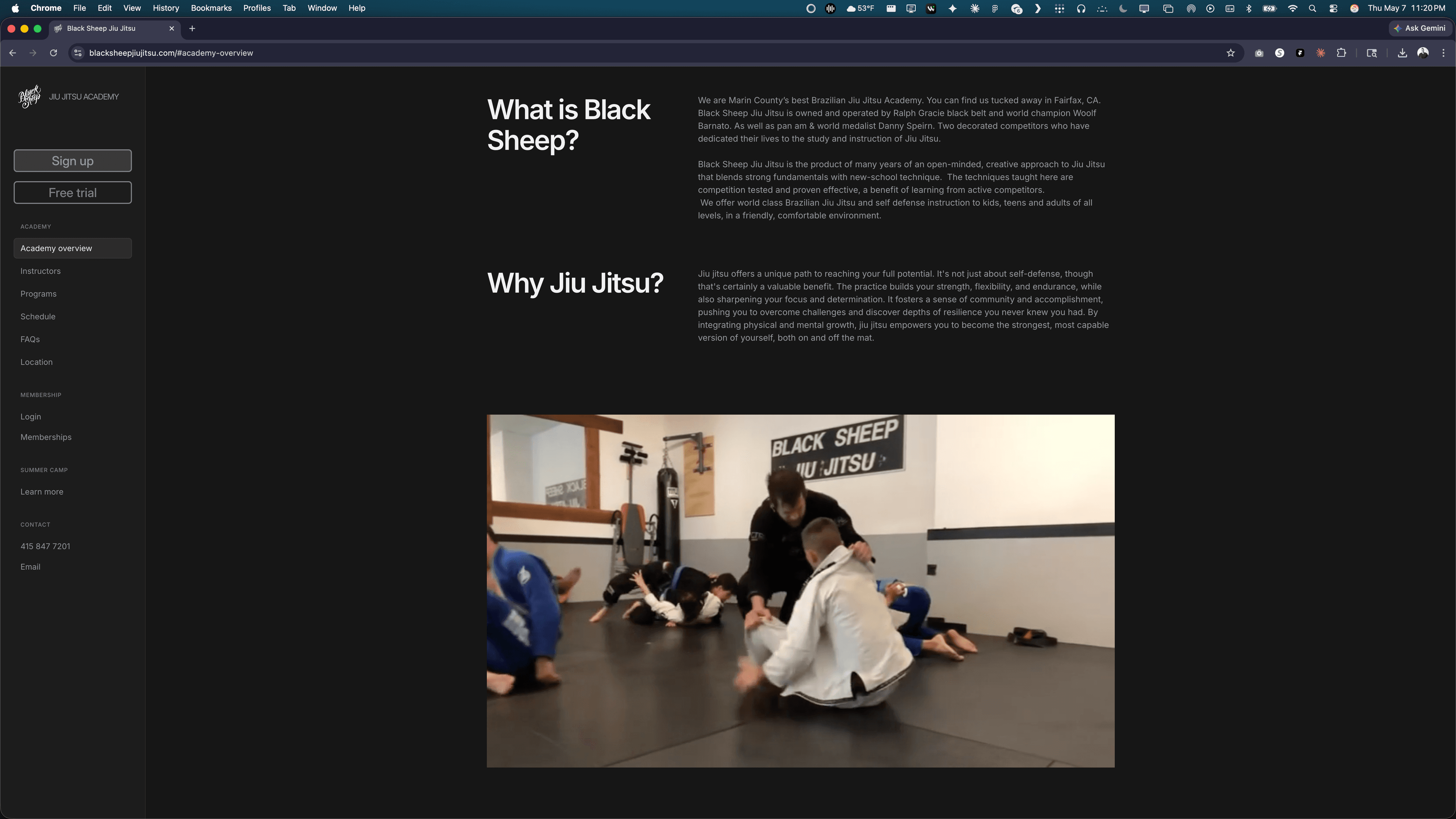 Black Sheep academy overview page — "What is Black Sheep?" and "Why Jiu Jitsu?" body copy alongside an on-mat photograph.