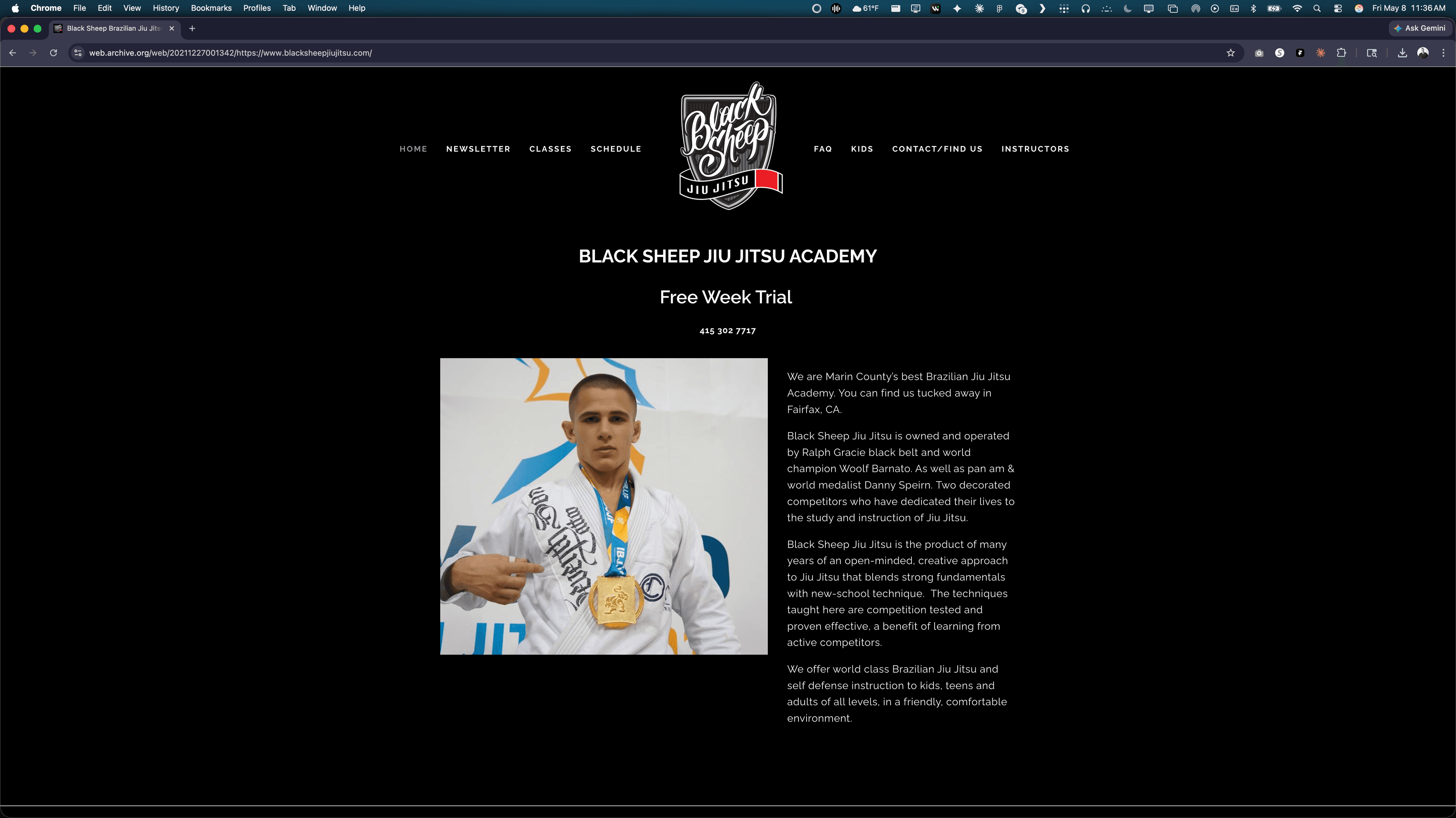 Wayback Machine capture of the old Black Sheep Squarespace site — round emblem at top center, BLACK SHEEP JIU JITSU ACADEMY heading, Free Week Trial copy, and a posed photo of Ralph Gracie Black Belt Danny Sperin holding a gold medal.