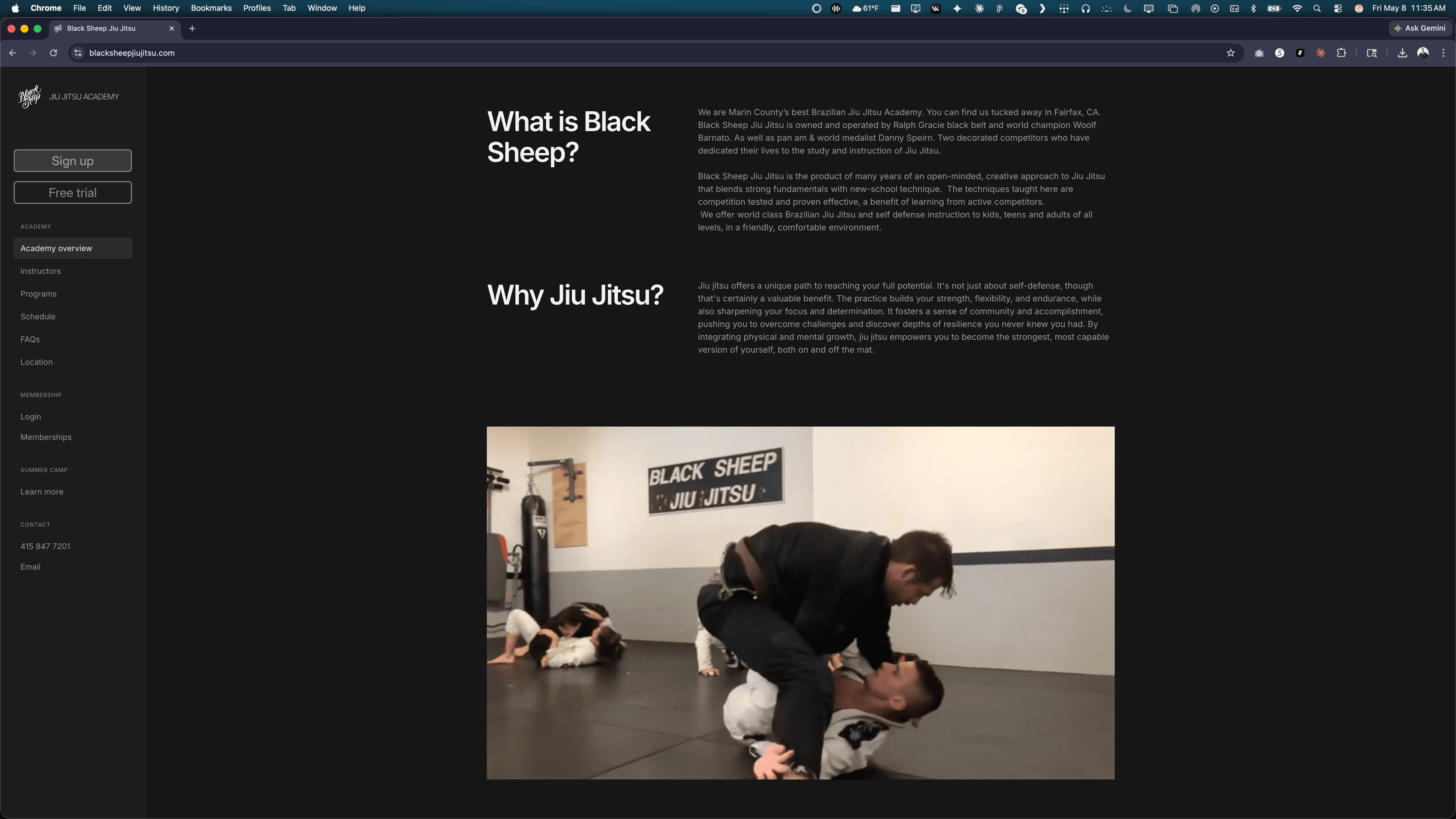 New Black Sheep Framer site — "What is Black Sheep?" / "Why Jiu Jitsu?" body copy alongside an on-mat photograph of a coach demonstrating a technique. Sidebar nav with Academy overview, Instructors, Programs, Schedule, FAQs, Location.