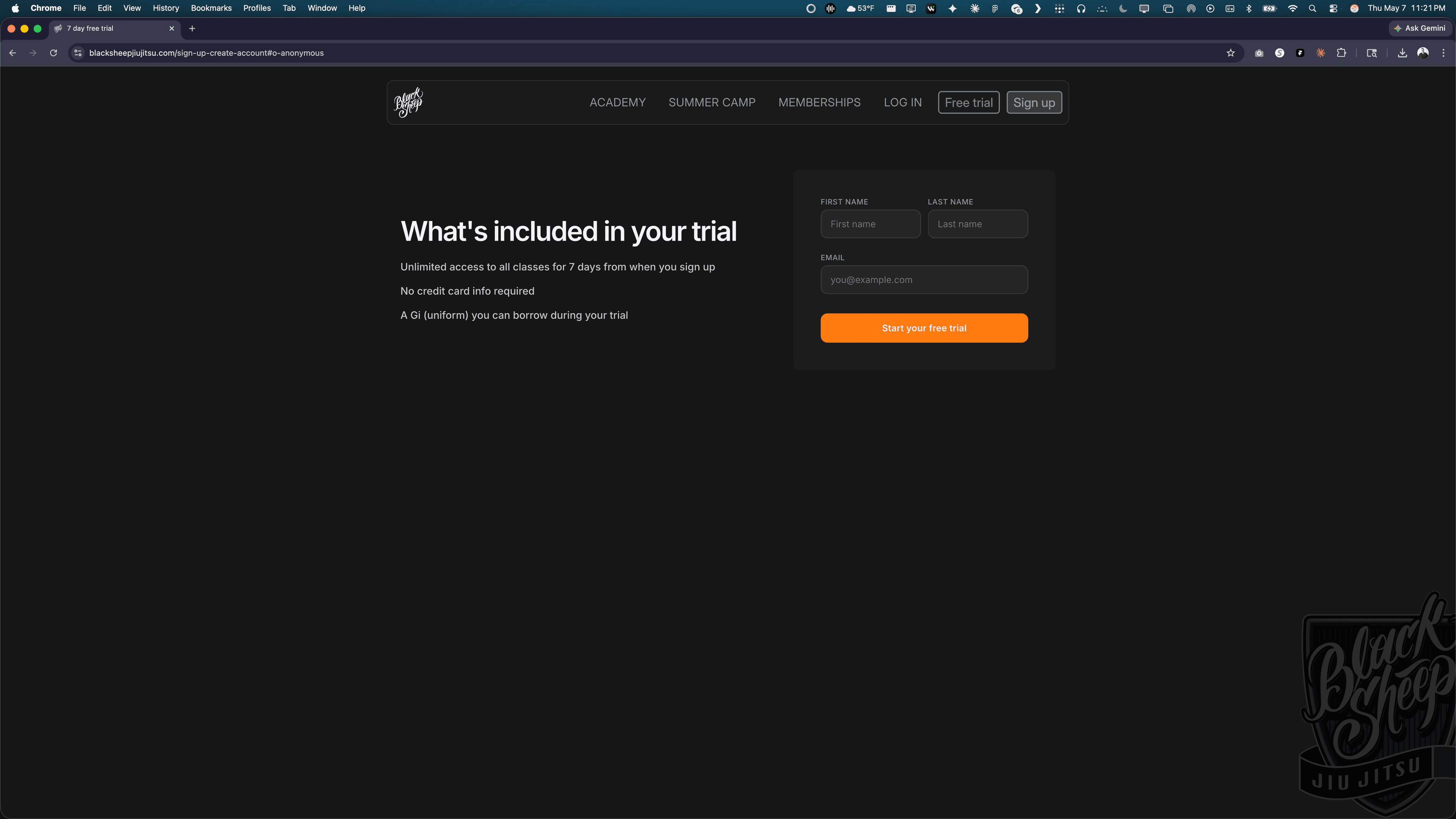 Black Sheep free trial sign-up — "What's included in your trial" with first name, last name, email, and a single primary CTA.
