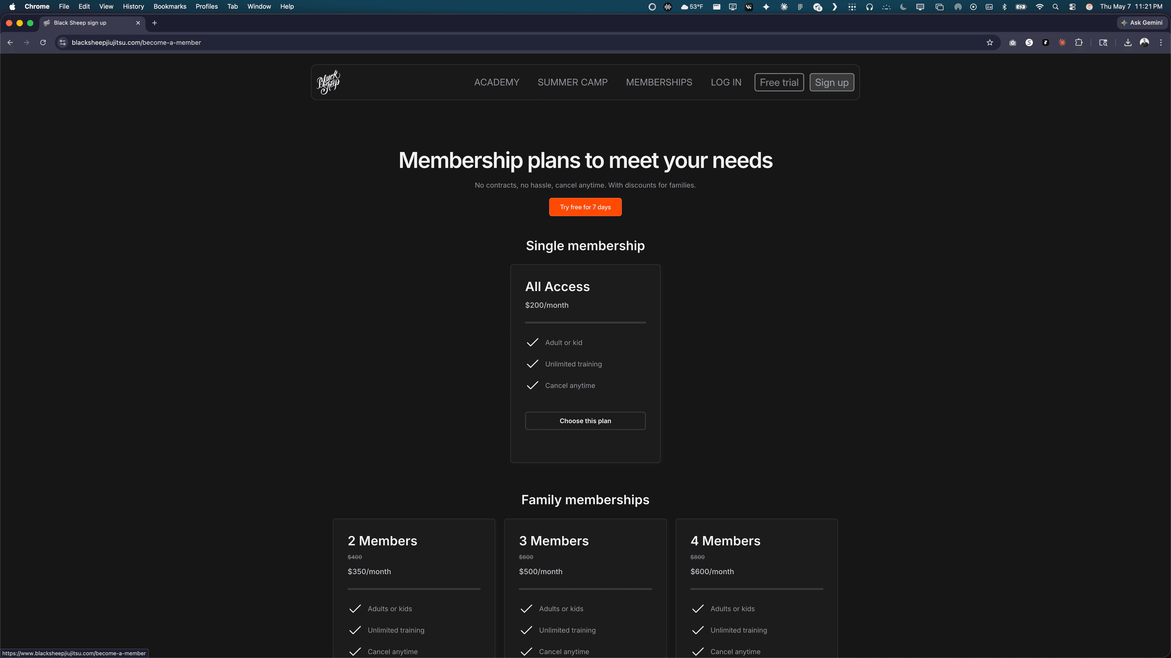 Black Sheep memberships page — All Access single membership plus 2/3/4-member family tiers.