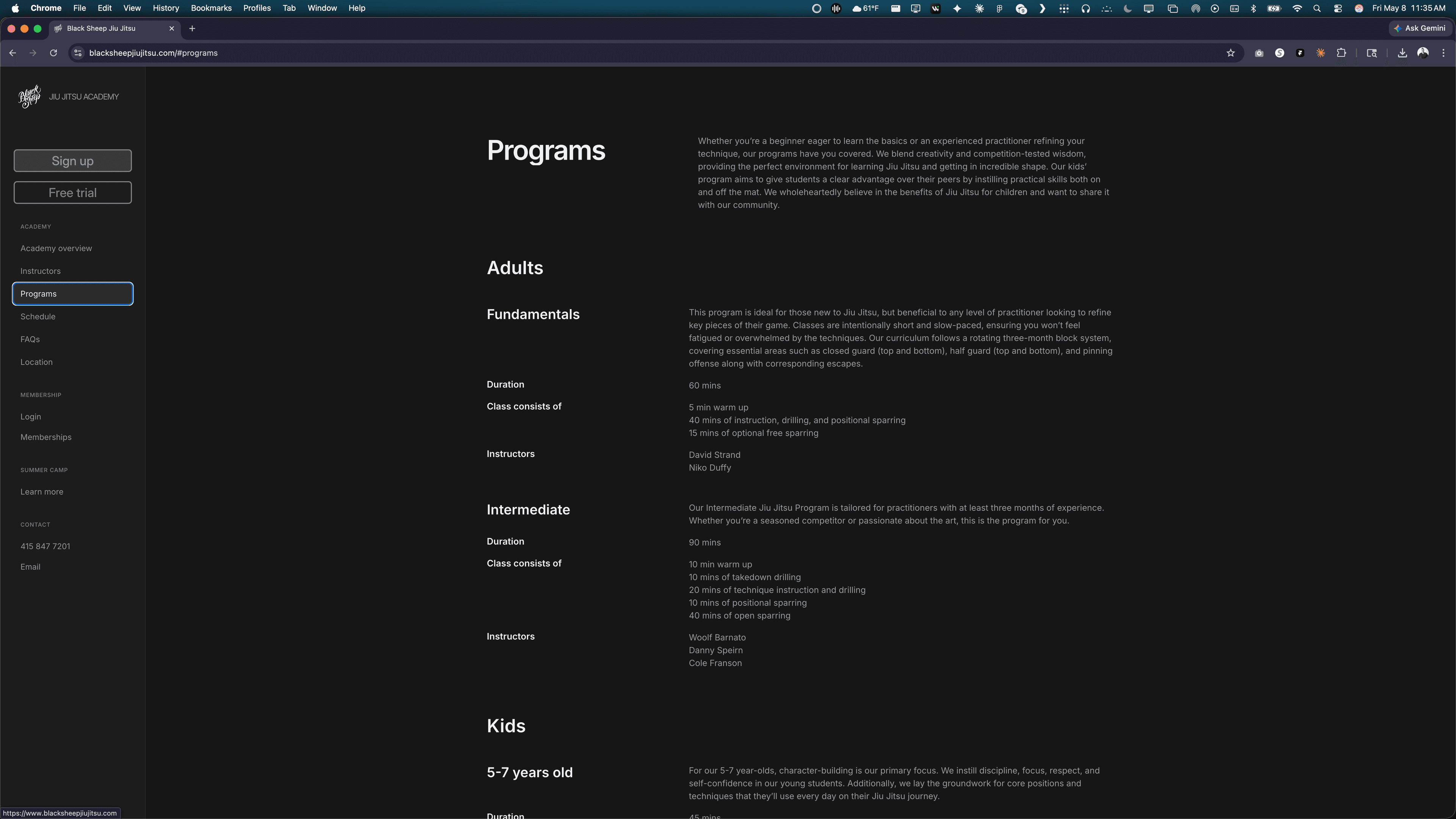 Black Sheep programs page — Adults section with Fundamentals, Intermediate, and Advanced curriculum detail (duration, class breakdown, instructors), and a Kids section with age-banded programs.