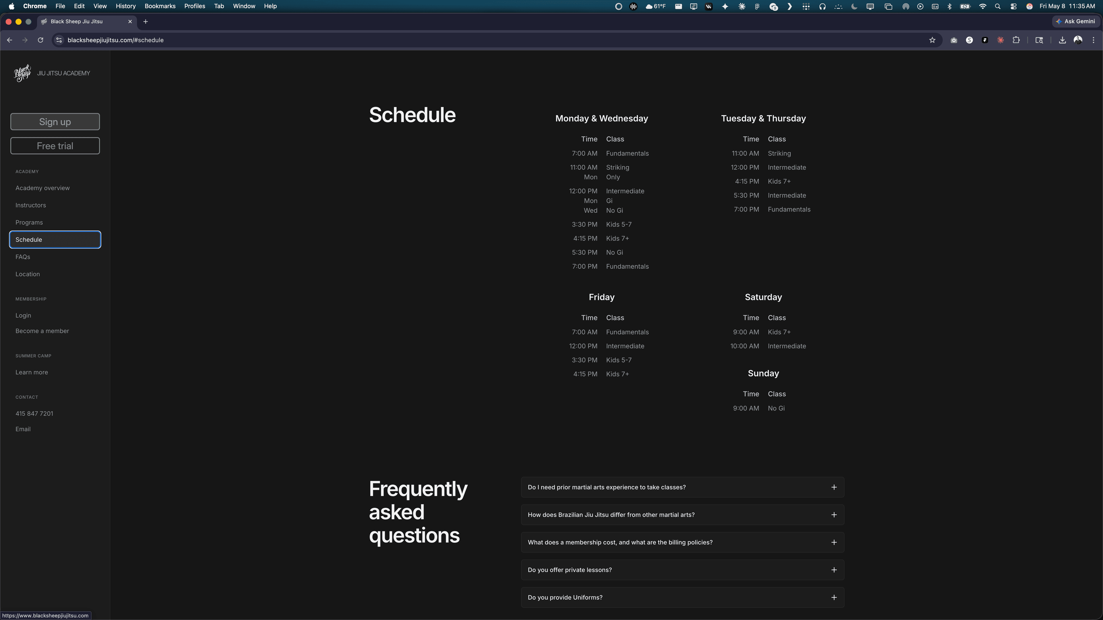 Black Sheep schedule page — weekly class grid for Monday/Wednesday, Tuesday/Thursday, Friday, and Saturday/Sunday with class times and types, plus a Frequently Asked Questions section.