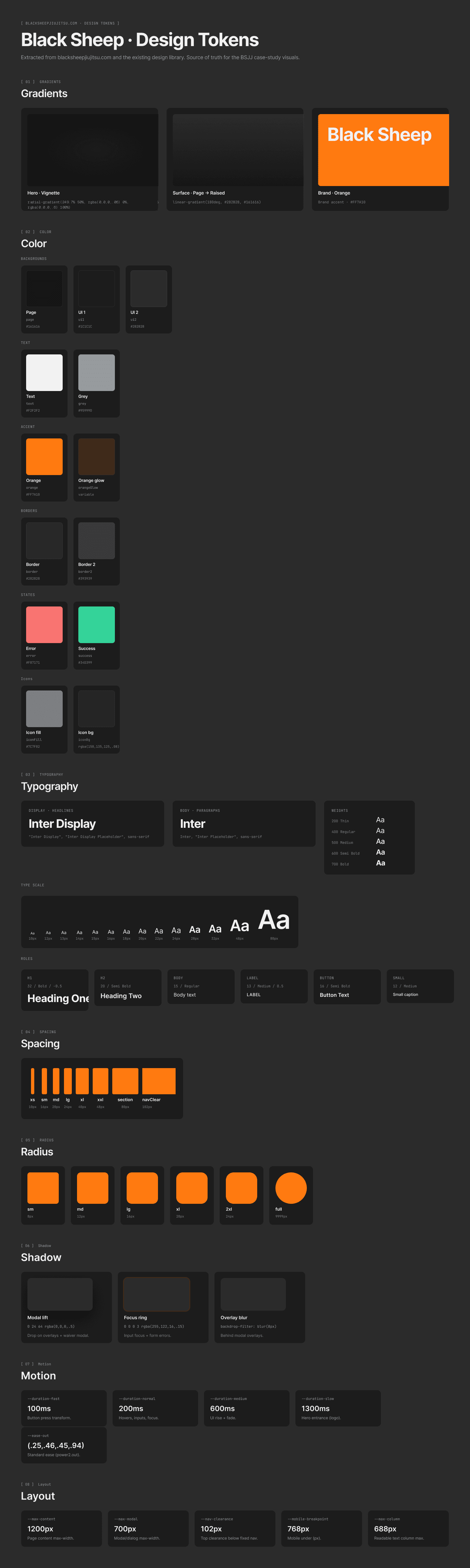 Black Sheep design token sheet — color palette, typography, spacing, and surface tokens.
