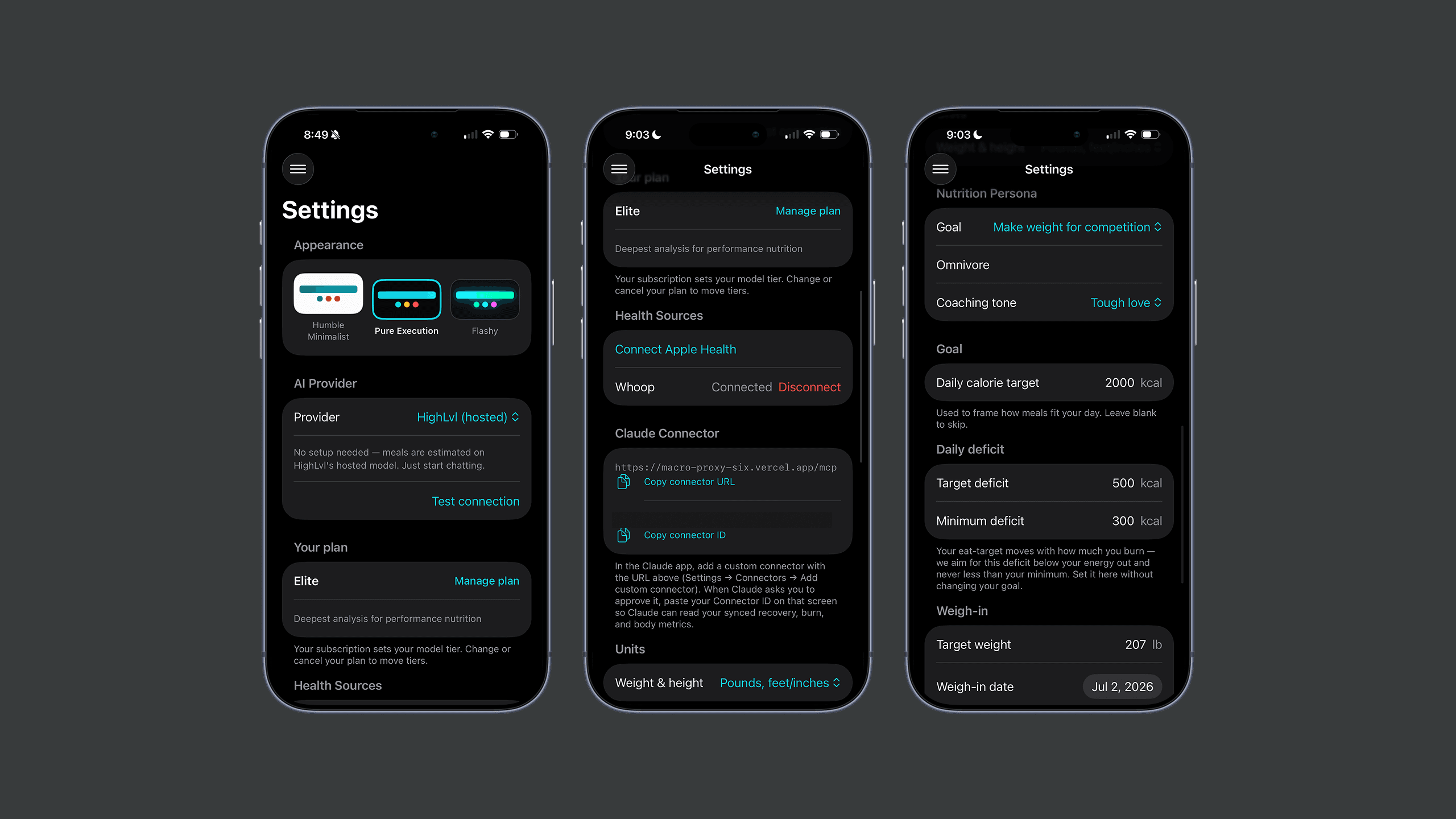 Three HighLvl settings screens on iPhone — Appearance themes and an AI provider toggle (HighLvl hosted or bring-your-own via a Claude Connector); Health Sources connecting Apple Health and Whoop with unit preferences; and a Nutrition Persona setting goal, coaching tone, daily calorie and deficit targets, and weigh-in date.