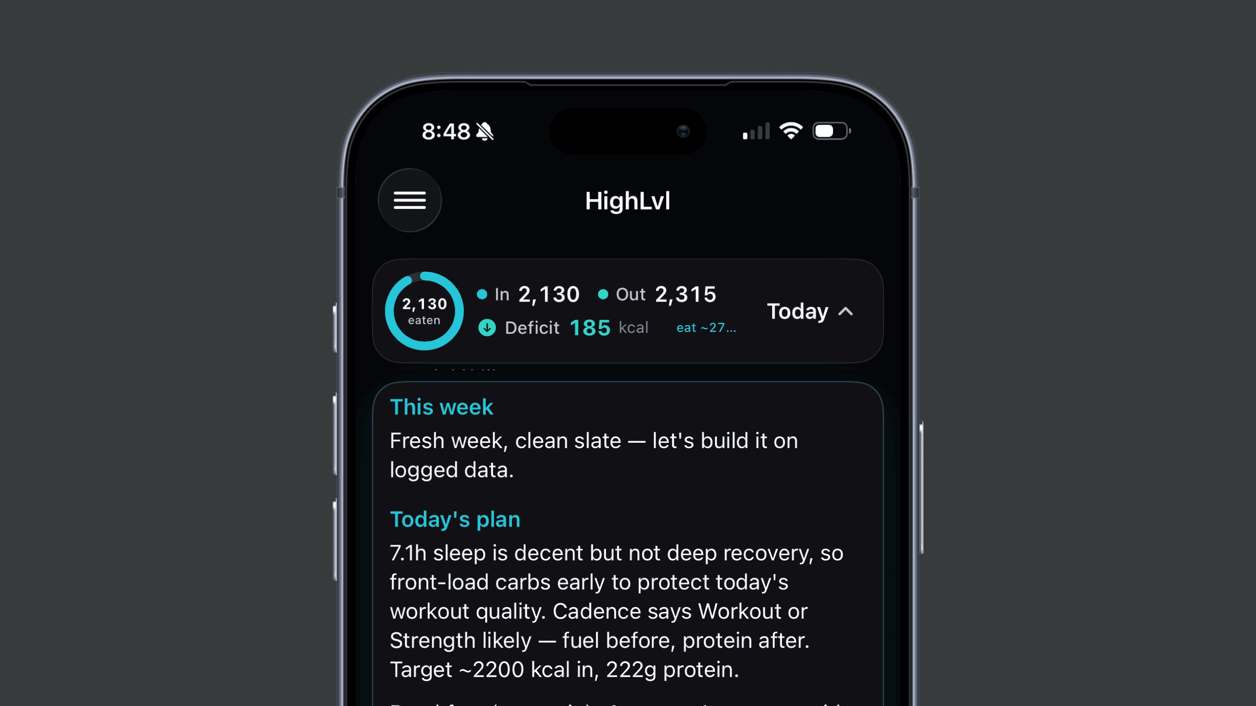The HighLvl daily plan on iPhone — an In / Out / Deficit summary above a 'This week' note and a 'Today's plan' that reads the prior night's 7.1h sleep, front-loads carbs around the day's workout, and sets a ~2,200 kcal target at 222g protein.