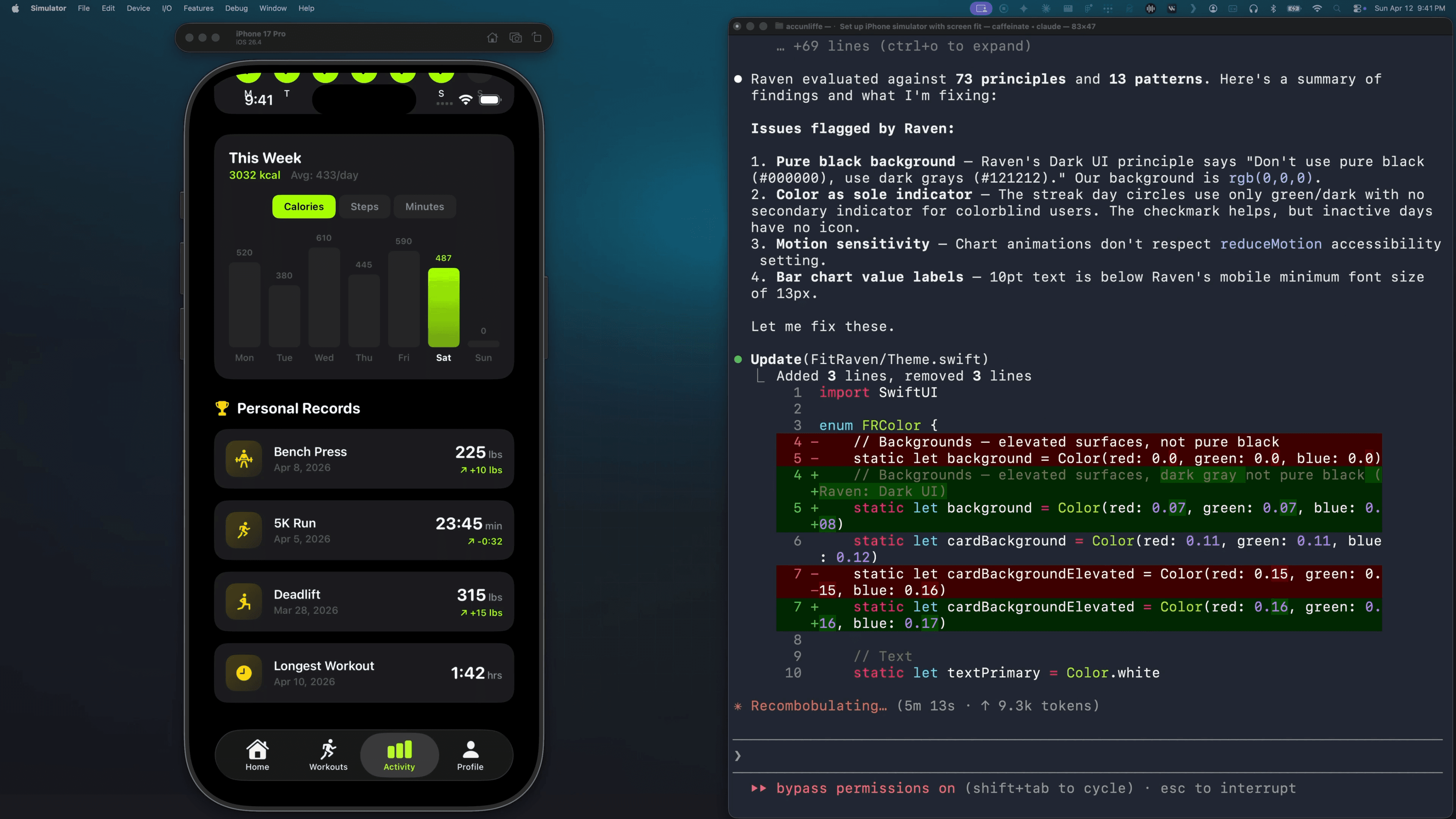 Same iPhone fitness stats screen with a terminal showing the code diff applying the four Raven-flagged fixes.