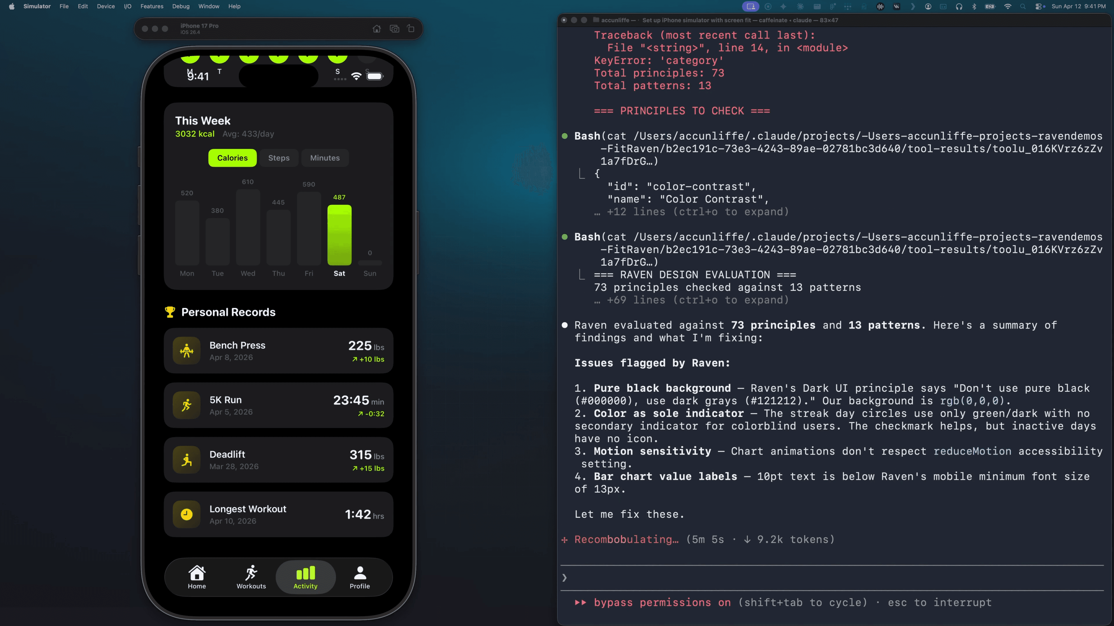 Side-by-side iPhone fitness app stats screen and a terminal showing RAVEN DESIGN EVALUATION listing four flagged issues to fix.