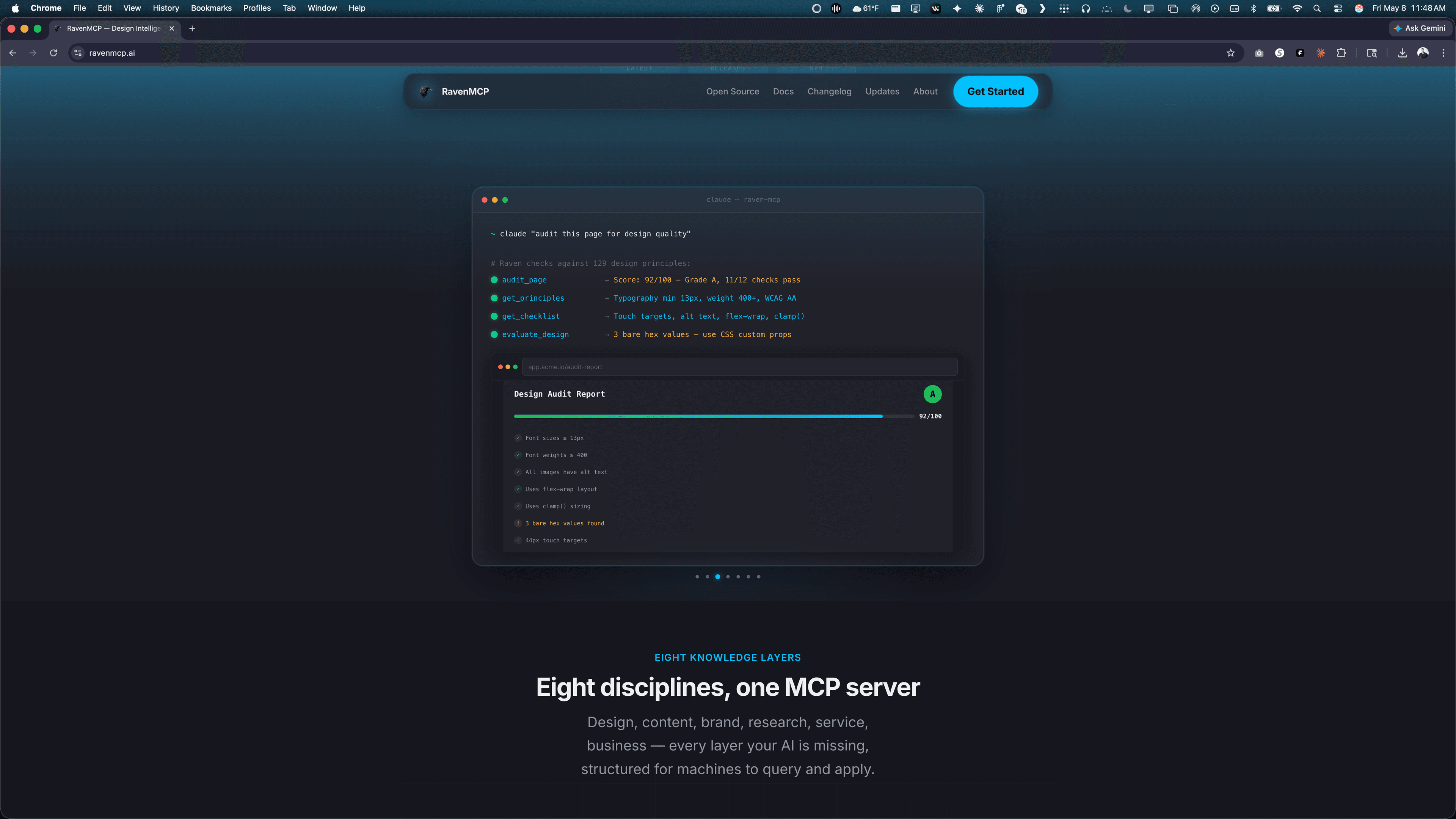 ravenmcp.ai homepage — Raven MCP nav bar with Open Source, Docs, Changelog, Updates, About, plus a Get Started button. A terminal demo of an audit session sits over an Eight Knowledge Layers section: "Eight disciplines, one MCP server — design, content, brand, research, service, business — every layer your AI is missing, structured for machines to query and apply."