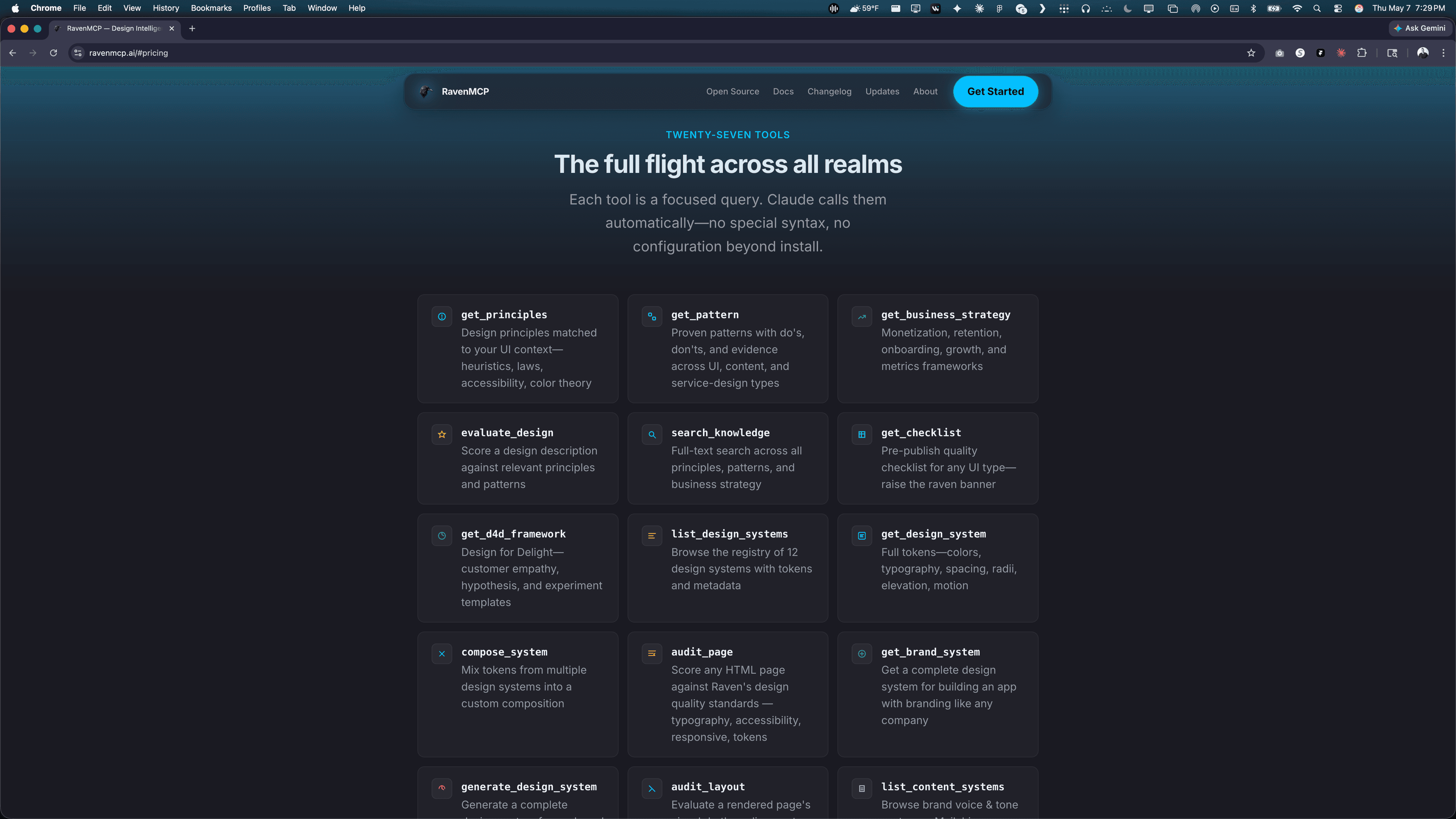 ravenmcp.ai Twenty-Seven Tools section — "The full flight across all realms" with the full grid of MCP tools: get_principles, get_pattern, get_business_strategy, evaluate_design, search_knowledge, get_checklist, get_d4d_framework, get_design_system, list_design_systems, compose_system, audit_page, get_brand_system, generate_design_system, audit_layout, list_content_systems and more.