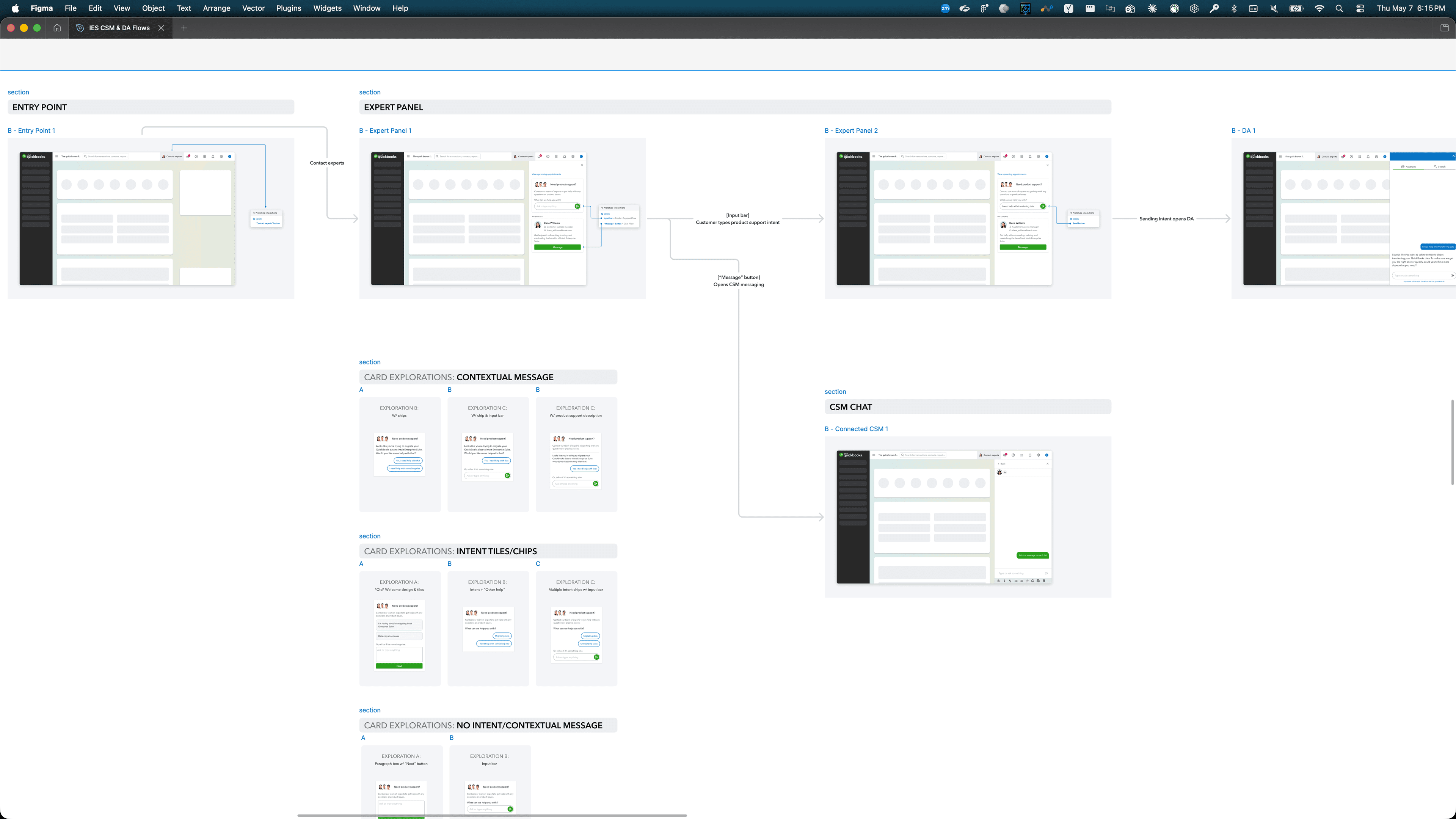 Figma board mapping CSM and Expert Assist flows — Entry Point, Expert Panel 1, Expert Panel 2, CSM Chat — alongside card explorations for contextual messages, intent tiles and chips, and no-intent variants.