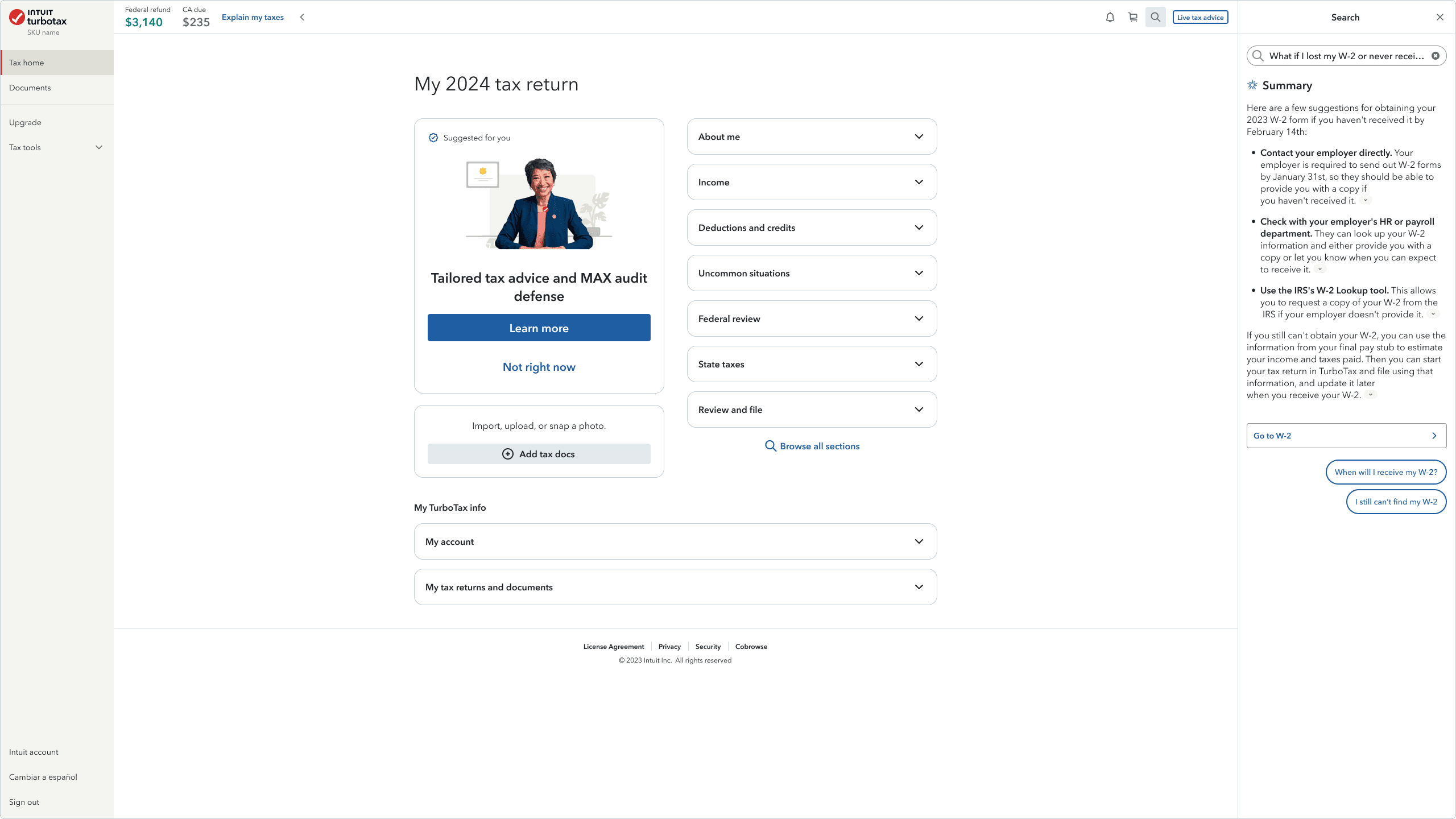 TurboTax desktop showing the My 2024 tax return dashboard with Search open on the right, answering a customer question with a summary response and follow-up question chips.
