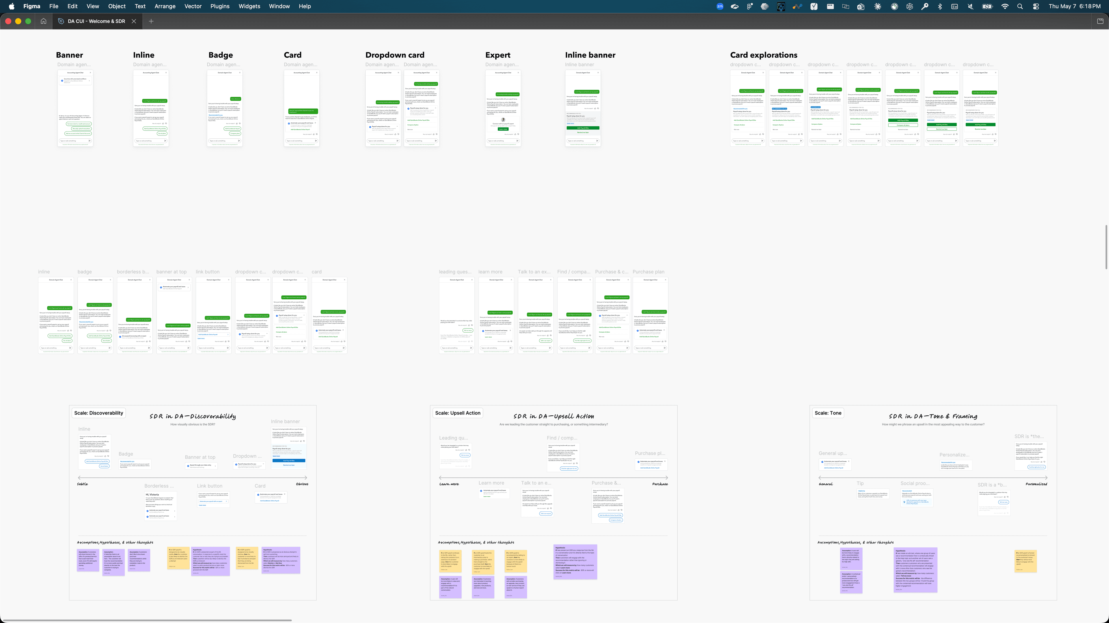 Figma board of Supercharged Search variants — Banner, Inline, Badge, Card, Dropdown card, Expert, Inline banner — plus card explorations and SOPs for Discoverability, Upsell Action, and Time.
