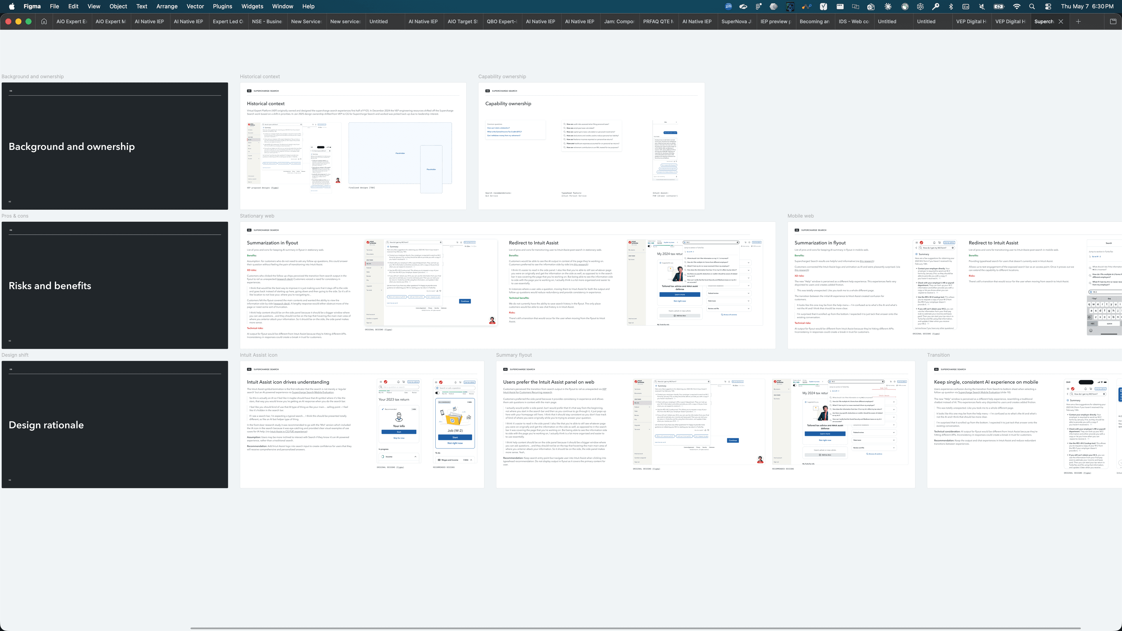 Figma board of TurboTax Digital Help strategy slides — Background and ownership, Risks and benefits, and Design rationale sections, each pairing dark eyebrow tiles with mobile mockups and rationale columns.