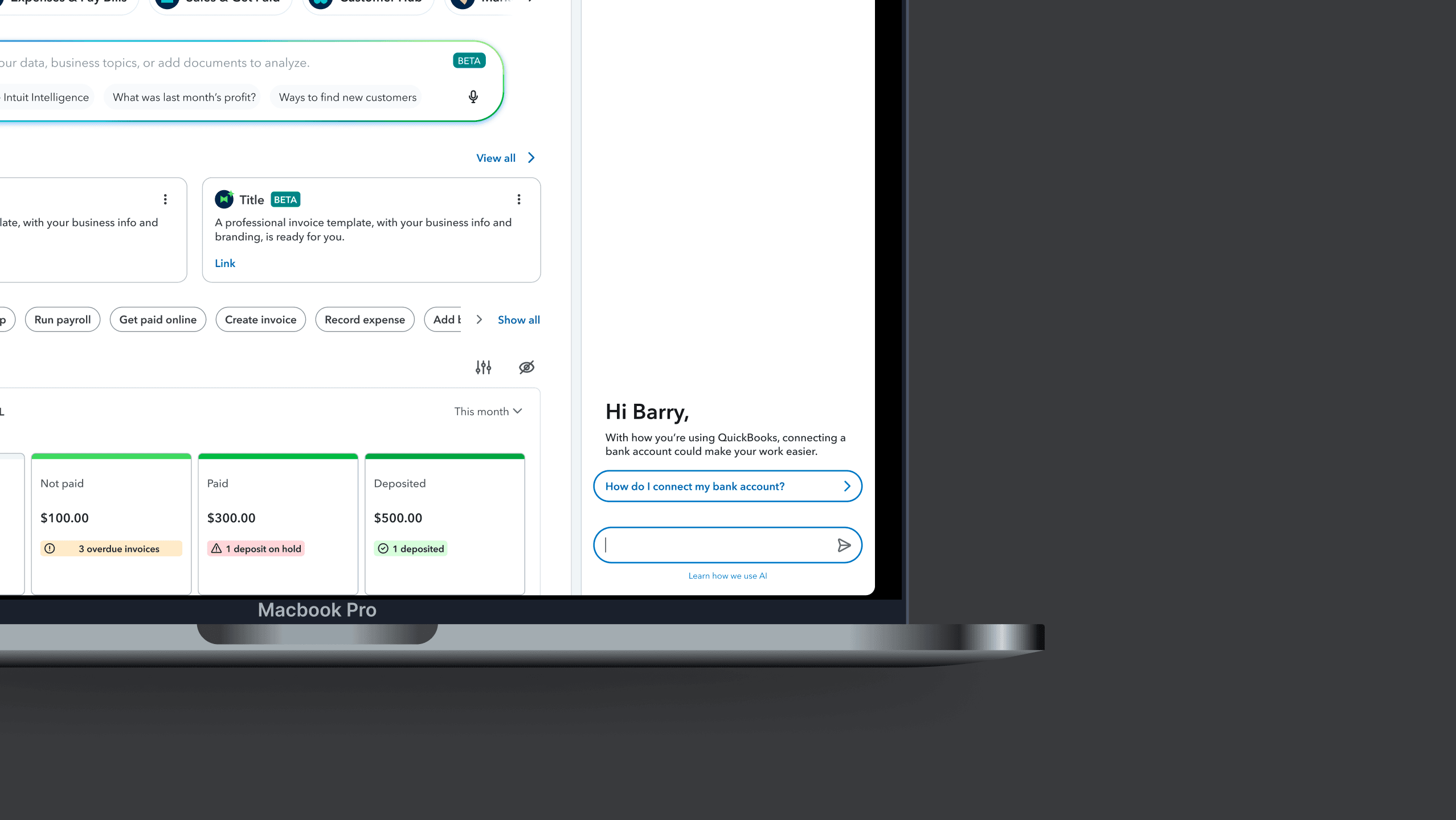 QuickBooks dashboard on a MacBook with the Welcome Experience panel open on the right — a "Hi Barry" greeting noting that, given how he's using QuickBooks, connecting a bank account could make his work easier, with a "How do I connect my bank account?" suggestion and a chat input.