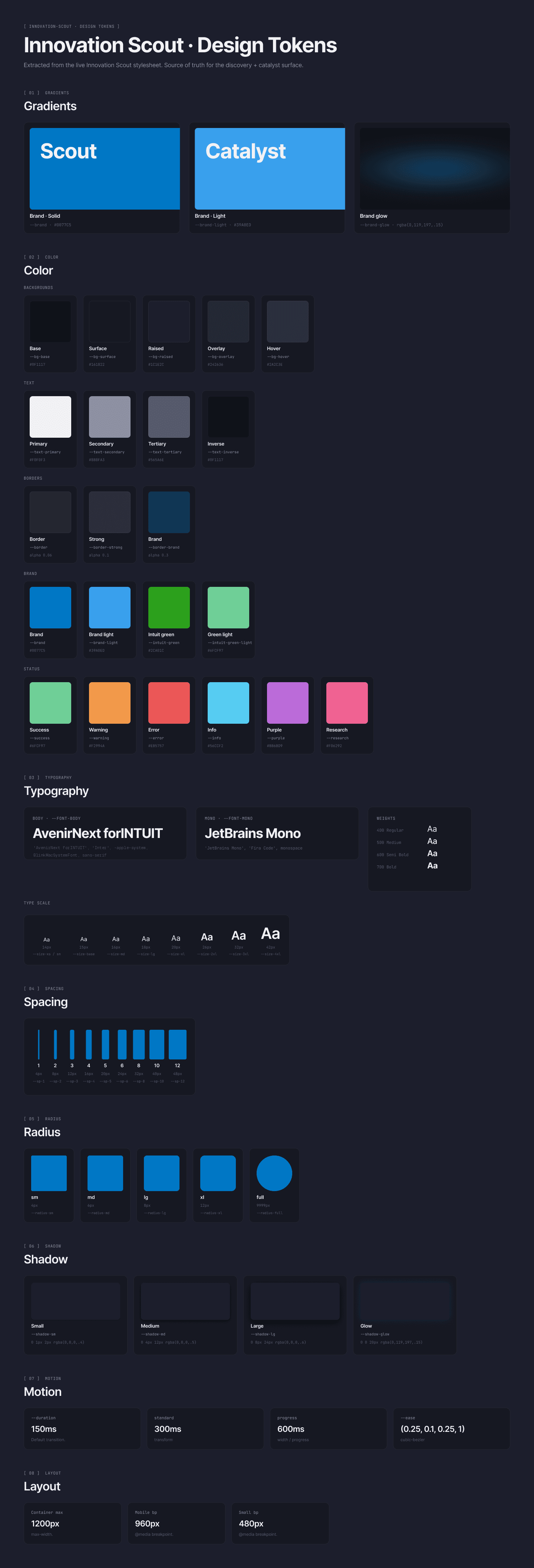 Innovation Scout design token sheet — color palette, typography, spacing, and surface tokens.
