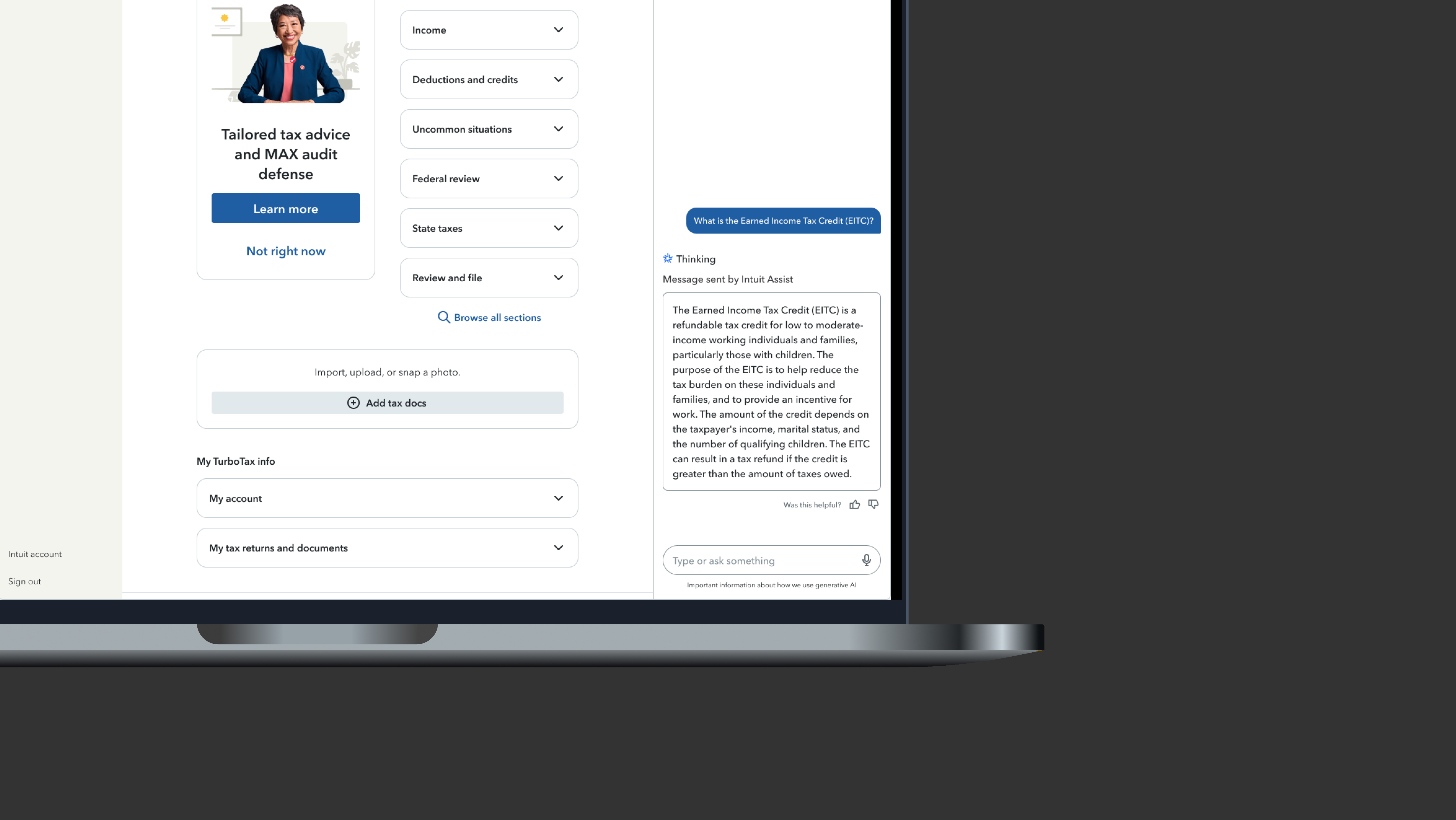 TurboTax on a MacBook with the Intuit Assist help side panel open on the right, answering "What is the Earned Income Tax Credit (EITC)?" with a generated, sourced explanation while the customer stays in their 2024 tax return.