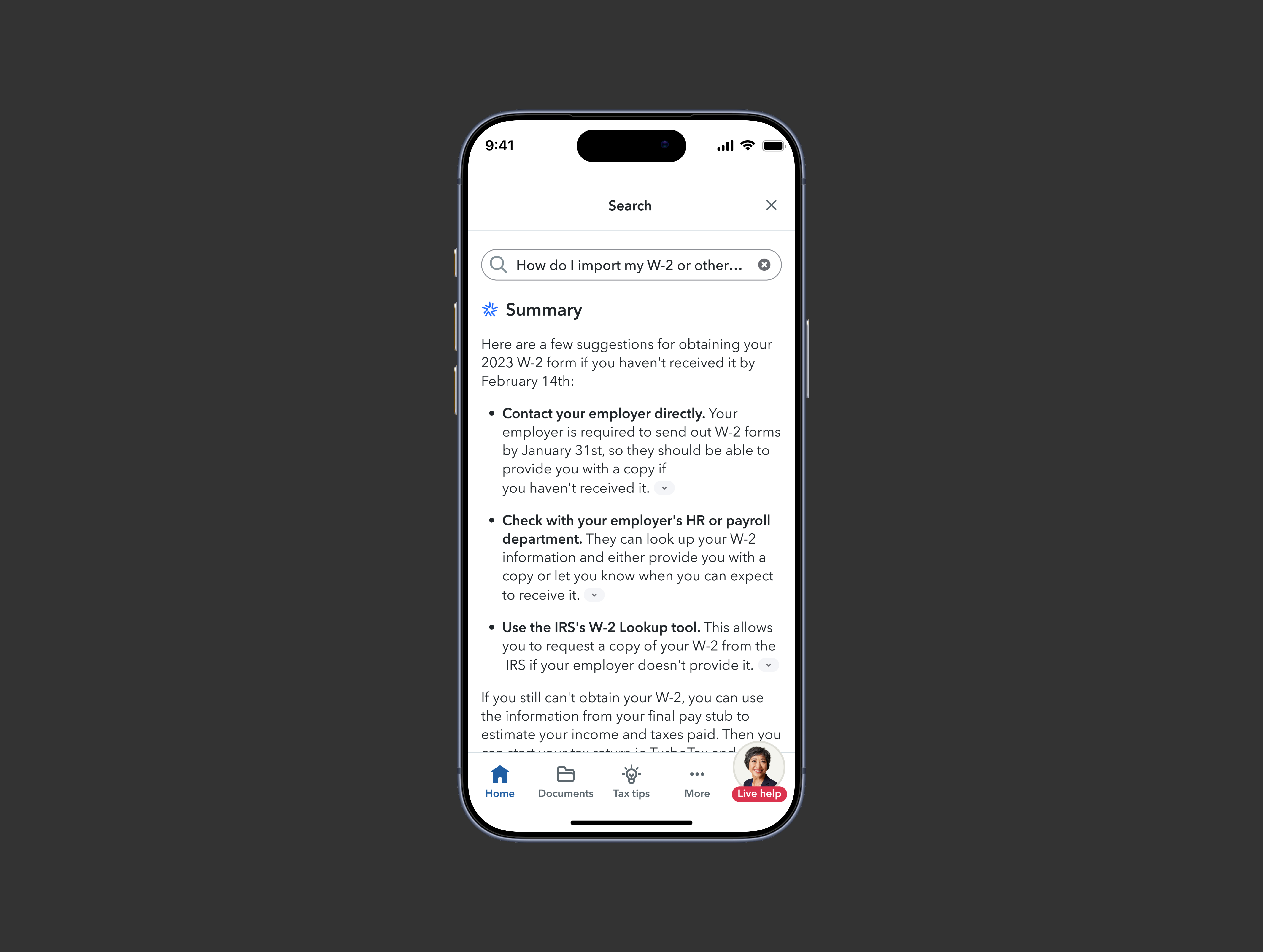 TurboTax on iPhone with Supercharged Search open on "How do I import my W-2 or other…" — an AI Summary answers in three expandable steps: contact your employer, check with HR or payroll, or use the IRS W-2 Lookup tool, with Live help reachable from the tab bar.
