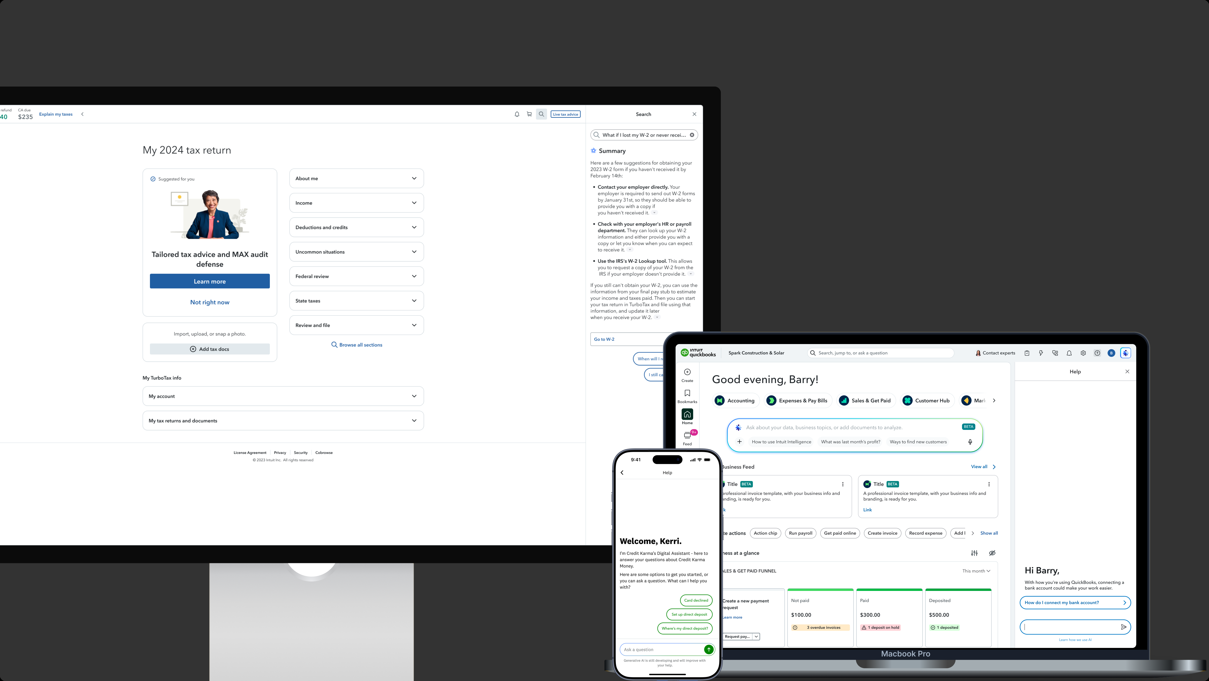 TurboTax, Credit Karma and QuickBooks side by side — TurboTax's 2024 return with Search answering a W-2 question, the Credit Karma mobile assistant greeting a customer with starter options, and the QuickBooks dashboard with its Help panel suggesting a bank connection.