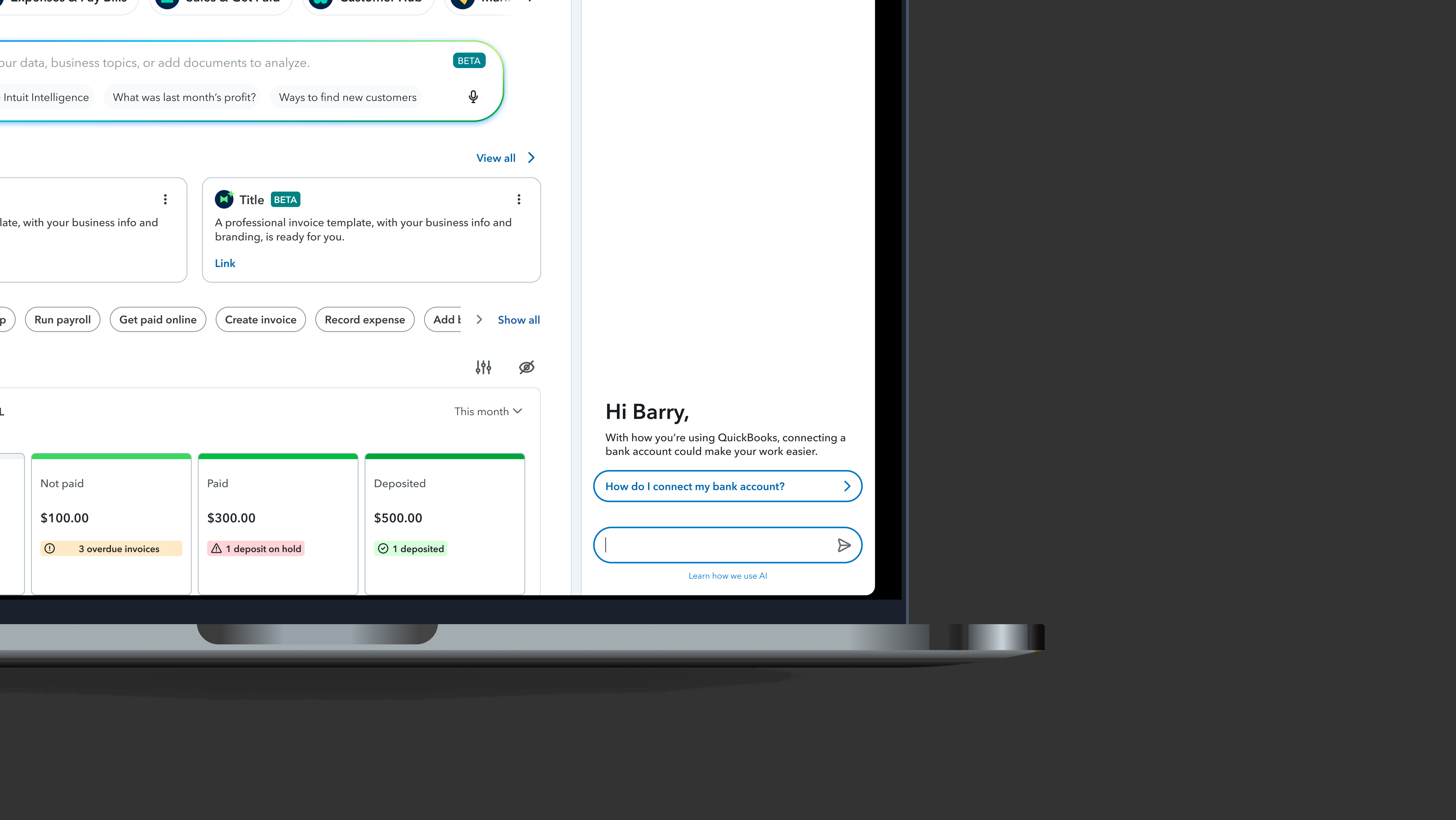 QuickBooks dashboard on a MacBook with the Welcome Experience help panel open on the right — a personalized greeting noting that, given how the customer is using QuickBooks, connecting a bank account could make their work easier, with a "How do I connect my bank account?" suggestion and a chat input.